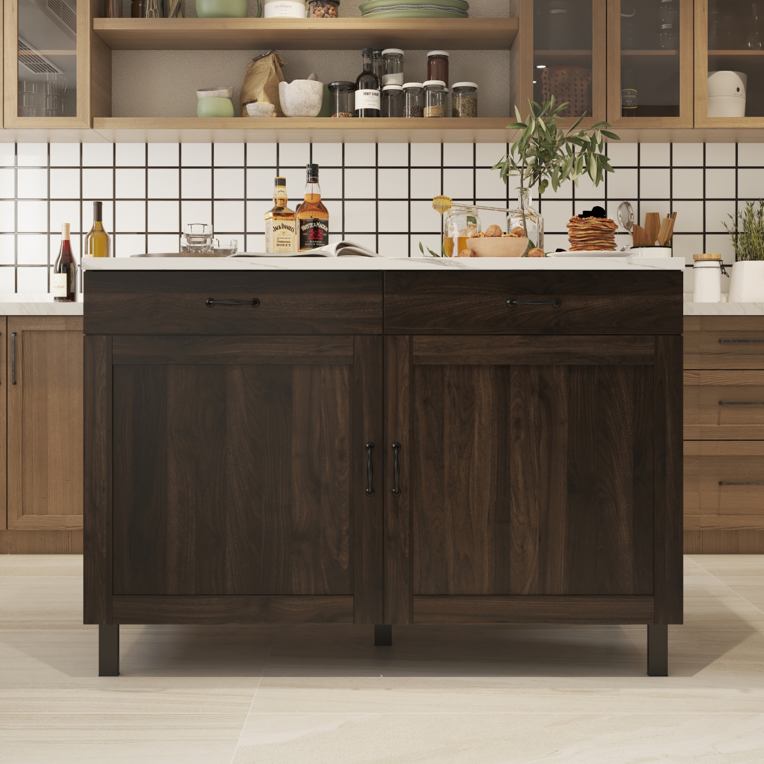 Îlot de cuisine Famapy avec espace de rangement, comptoir en marbre, 2 tiroirs et 4 tablettes, pattes en métal, brun foncé