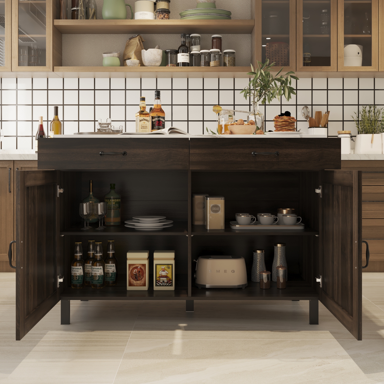 Îlot de cuisine Famapy avec espace de rangement, comptoir en marbre, 2 tiroirs et 4 tablettes, pattes en métal, brun foncé