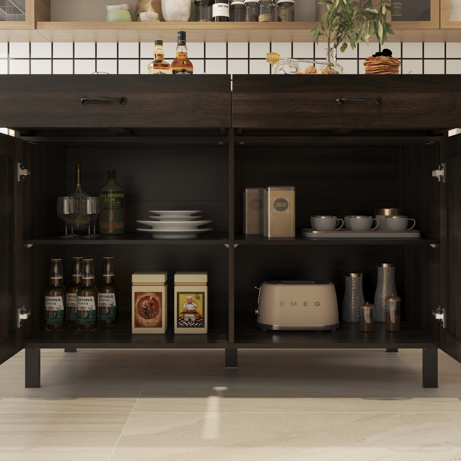 Îlot de cuisine Famapy avec espace de rangement, comptoir en marbre, 2 tiroirs et 4 tablettes, pattes en métal, brun foncé