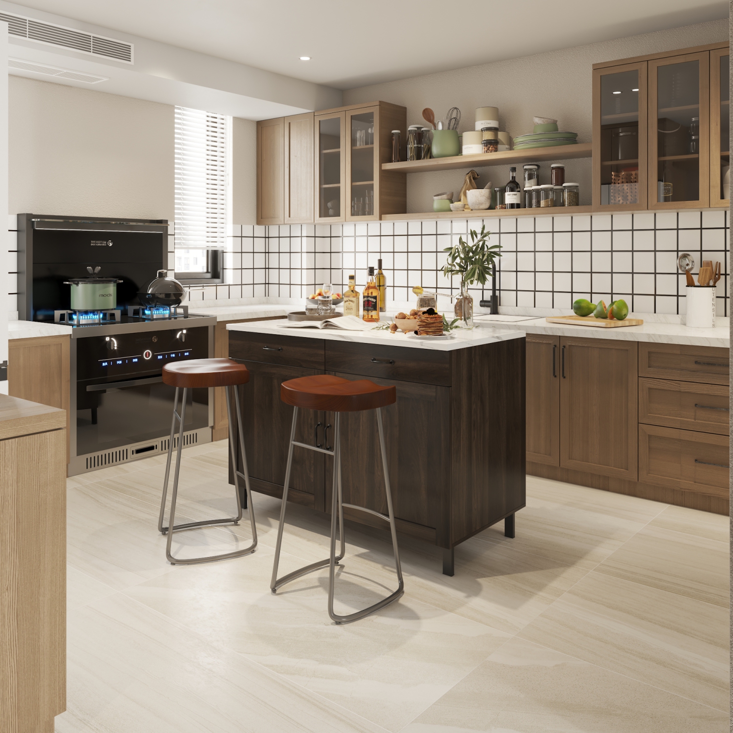 Îlot de cuisine Famapy avec espace de rangement, comptoir en marbre, 2 tiroirs et 4 tablettes, pattes en métal, brun foncé