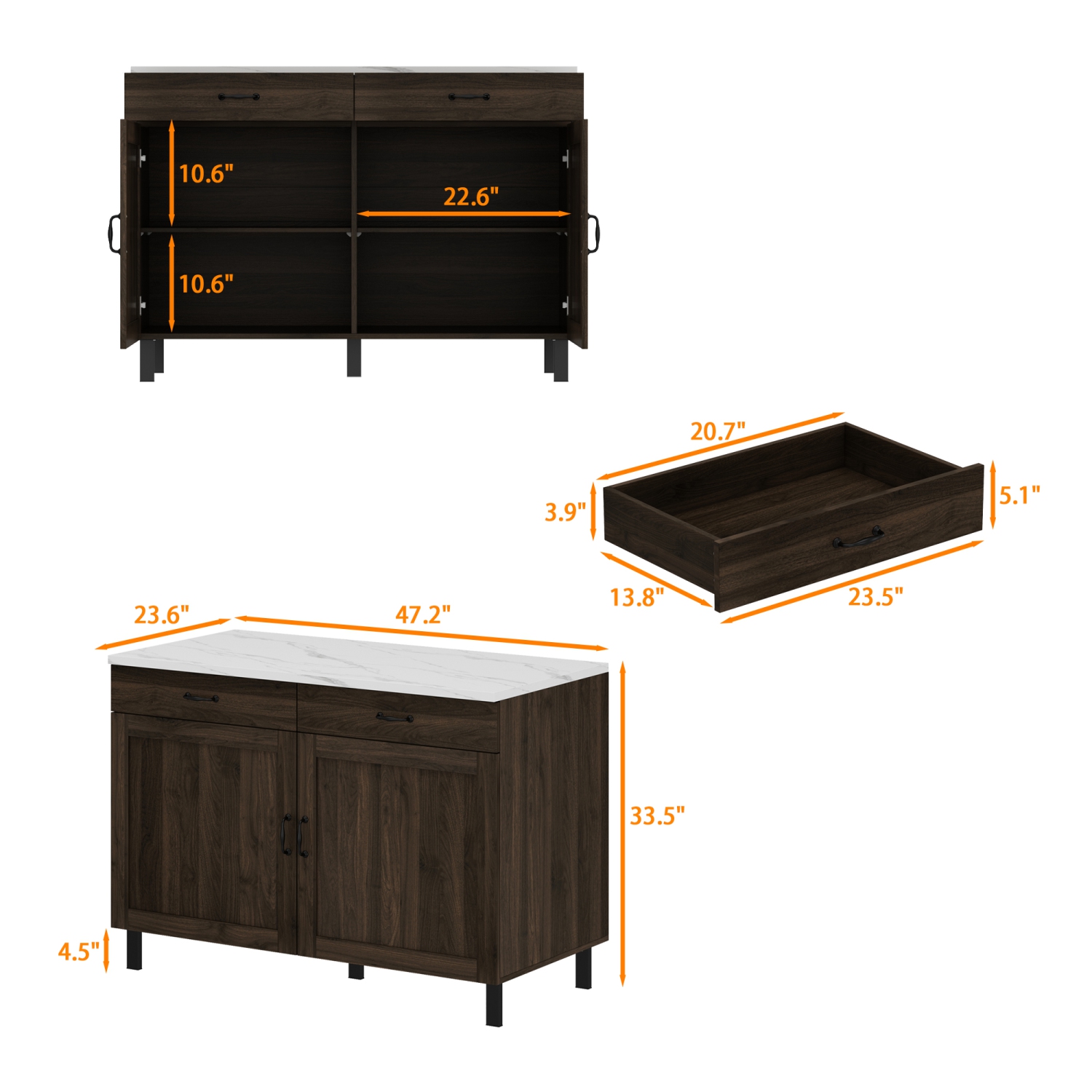 Îlot de cuisine Famapy avec espace de rangement, comptoir en marbre, 2 tiroirs et 4 tablettes, pattes en métal, brun foncé
