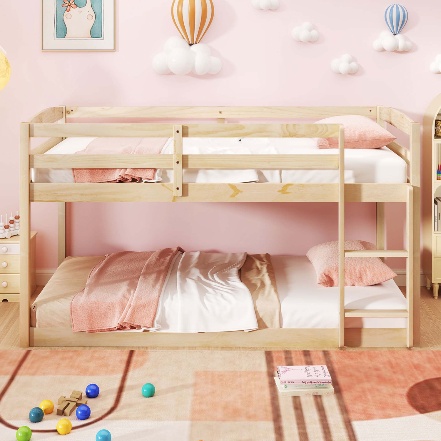 Costway Twin over Twin Low Bunk Bed with Guardrails Integrated Ladder Kids Wooden