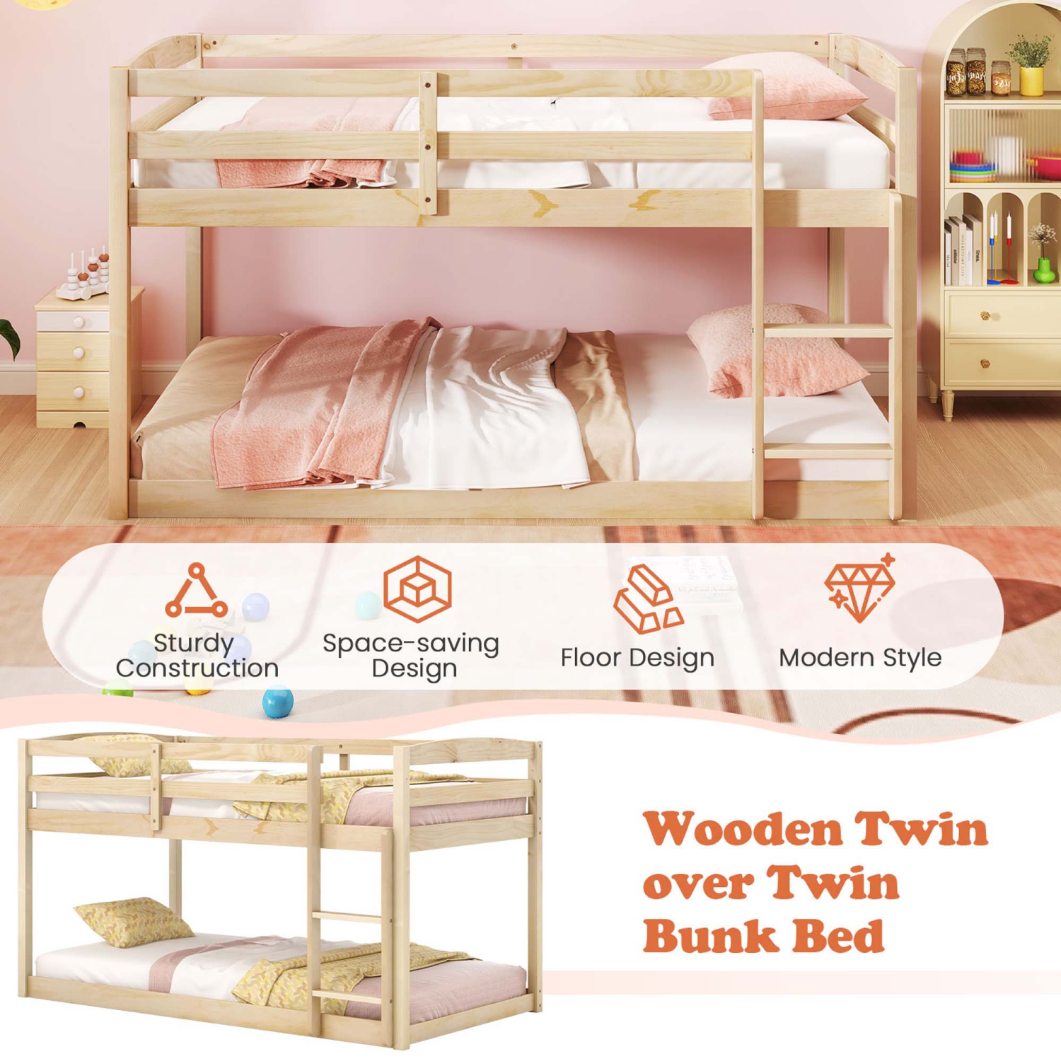 Costway Twin over Twin Low Bunk Bed with Guardrails Integrated Ladder Kids Wooden