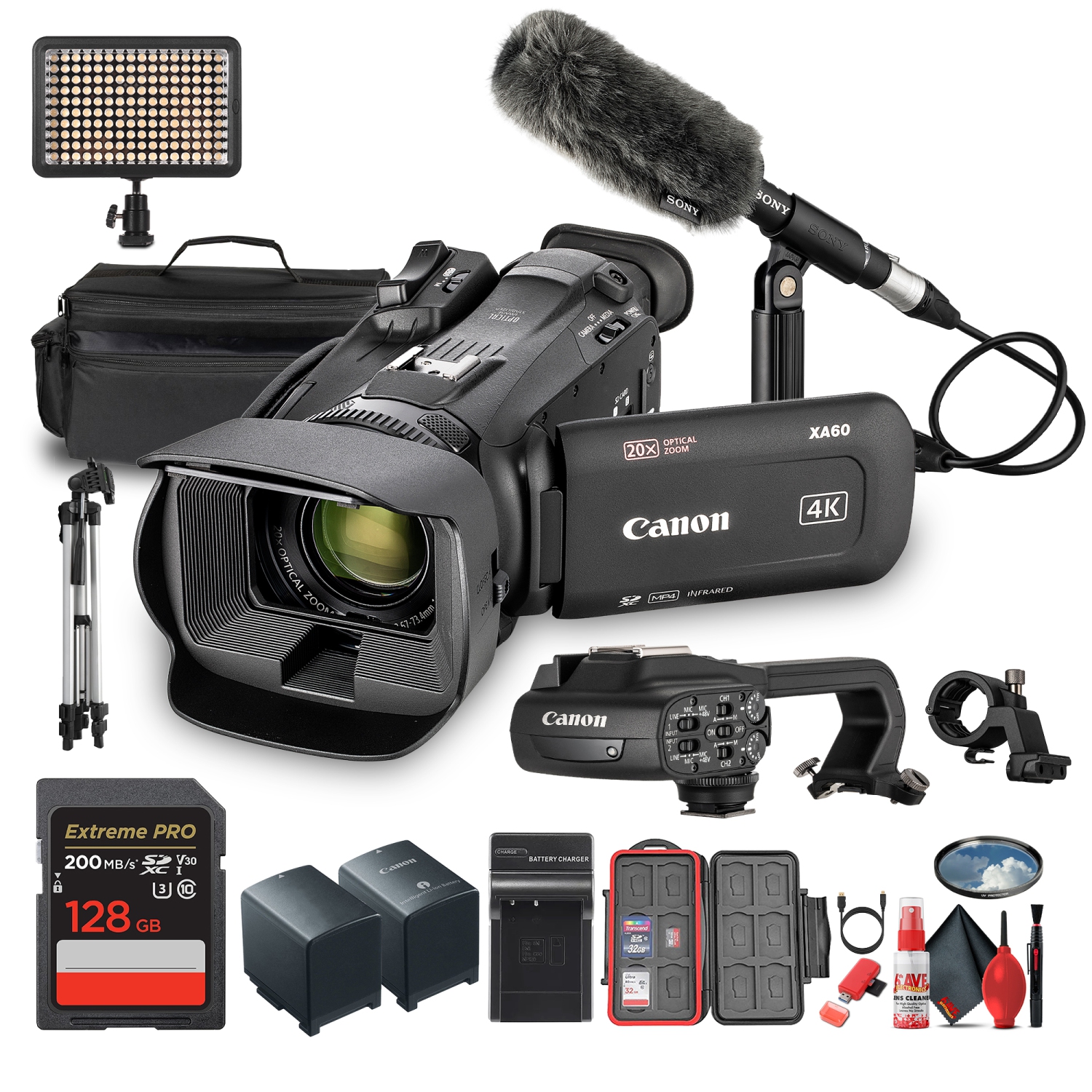 Canon XA60 PAL Professional UHD 4K Camcorder + 128GB SD Card + Microphone + More