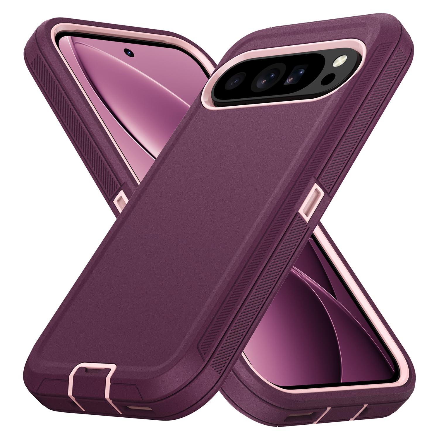 Pour Google Pixel 9/10/9 Pro/10 Pro, étui rigide robuste à 3 couches antichoc résistant à la poussière, violet/rose