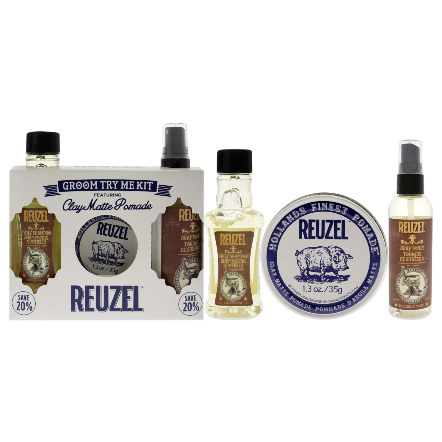 Clay Matte Try Me Kit by Reuzel for Men - 3 Pc 1.3oz Clay Pomade, 3.38oz Surf Tonic, 3.38 Daily Shampoo