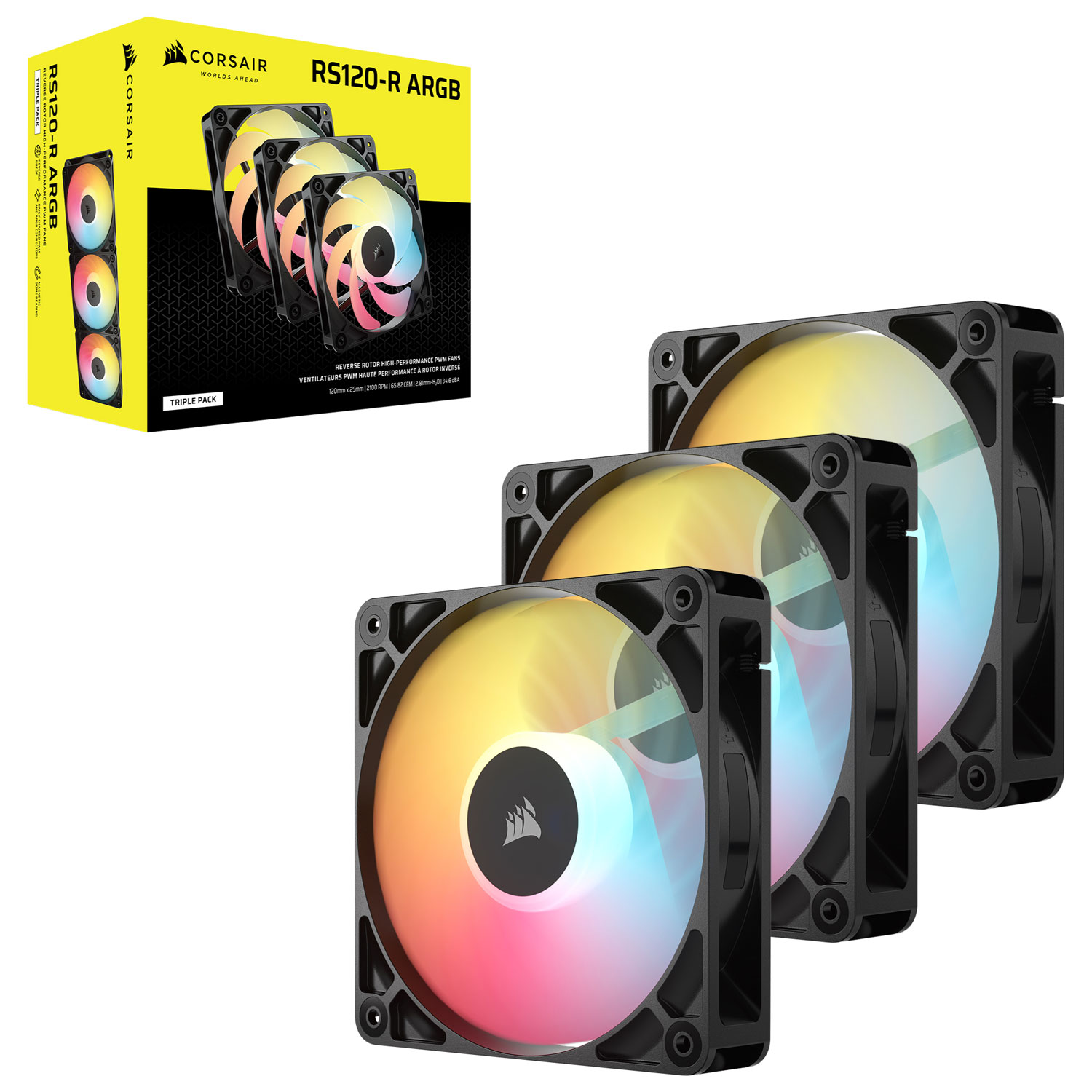 Ensemble de trois ventilateurs RVB adressable à modulation d'impulsion de 120 mm avec boîtier inversé RS120-R de Corsair - Noir