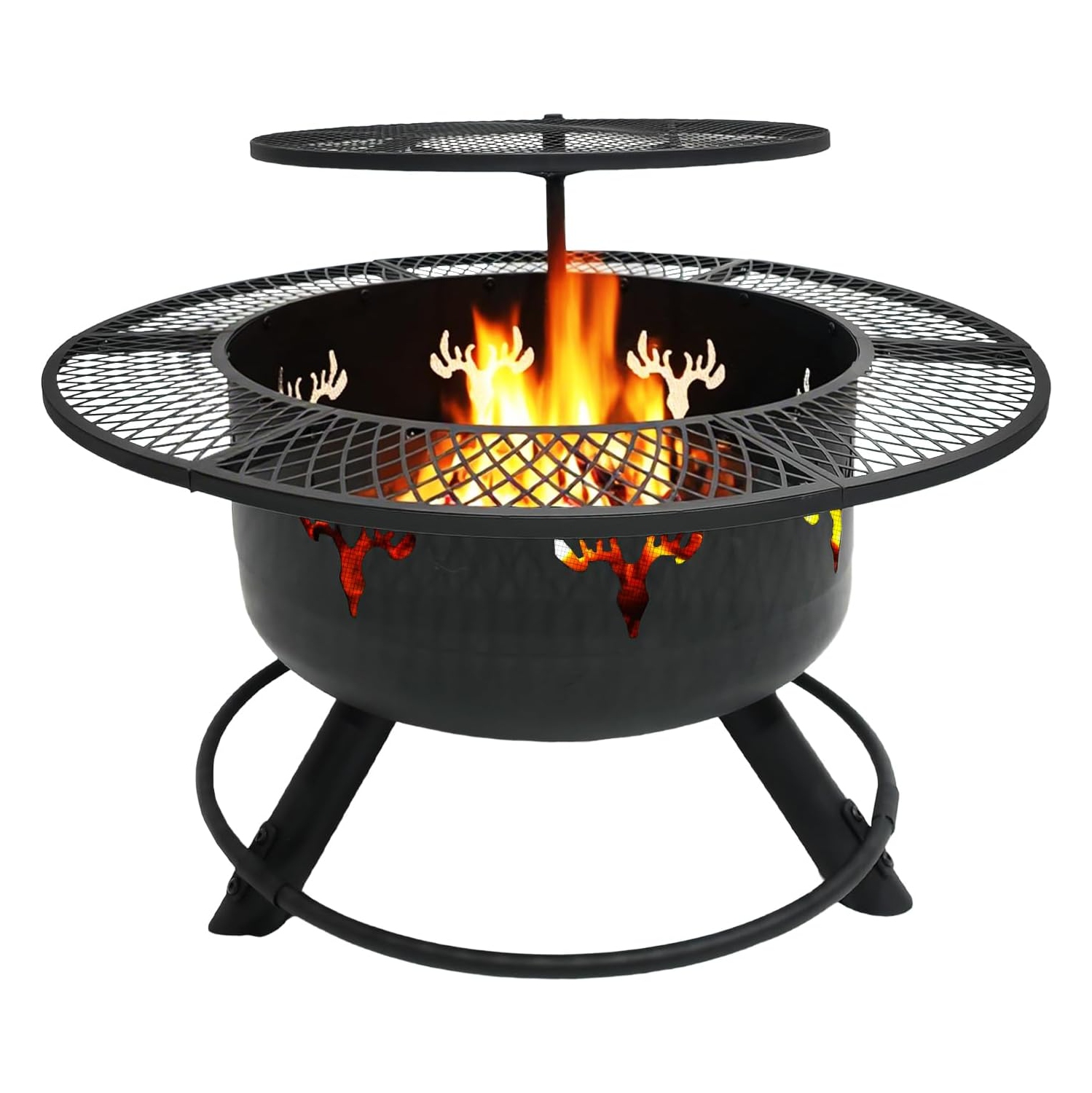 30.5" 3-Tier Outdoor Fire Pit,Top-Rotating Grill, Storage Shelf & Fire Basin with Poker/Grill Net Rotating Gatio, Storage Deck Fire Bowl, BBQ Fire