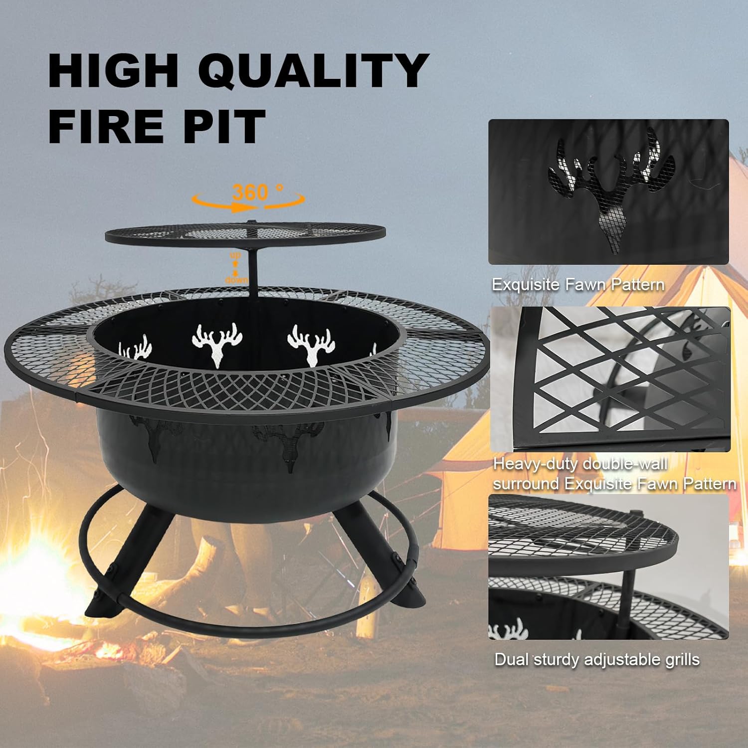 30.5" 3-Tier Outdoor Fire Pit,Top-Rotating Grill, Storage Shelf & Fire Basin with Poker/Grill Net Rotating Gatio, Storage Deck Fire Bowl, BBQ Fire