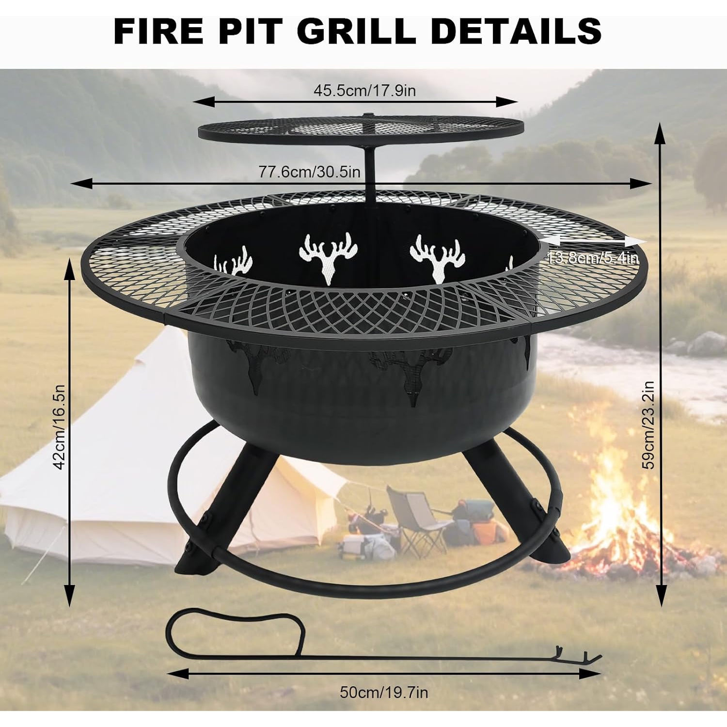 30.5" 3-Tier Outdoor Fire Pit,Top-Rotating Grill, Storage Shelf & Fire Basin with Poker/Grill Net Rotating Gatio, Storage Deck Fire Bowl, BBQ Fire