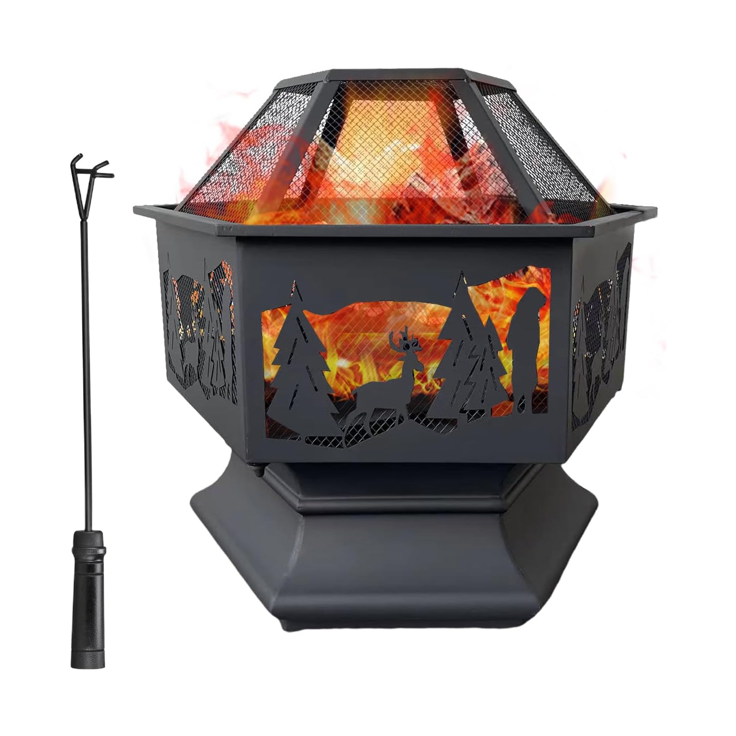 Foyer extérieur hexagonal de 24&nbsp;po à bois avec poker et foyer de terrasse en filet Réchaud hexagonal avec pare-étincelles pour le camping