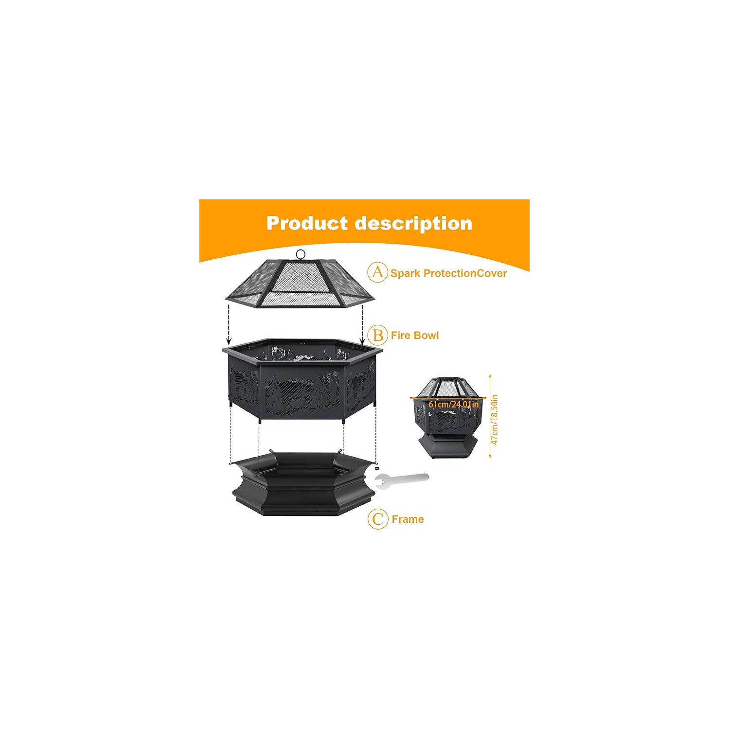 Foyer extérieur hexagonal de 24 po à bois avec poker et foyer de terrasse en filet Réchaud hexagonal avec pare-étincelles pour le camping