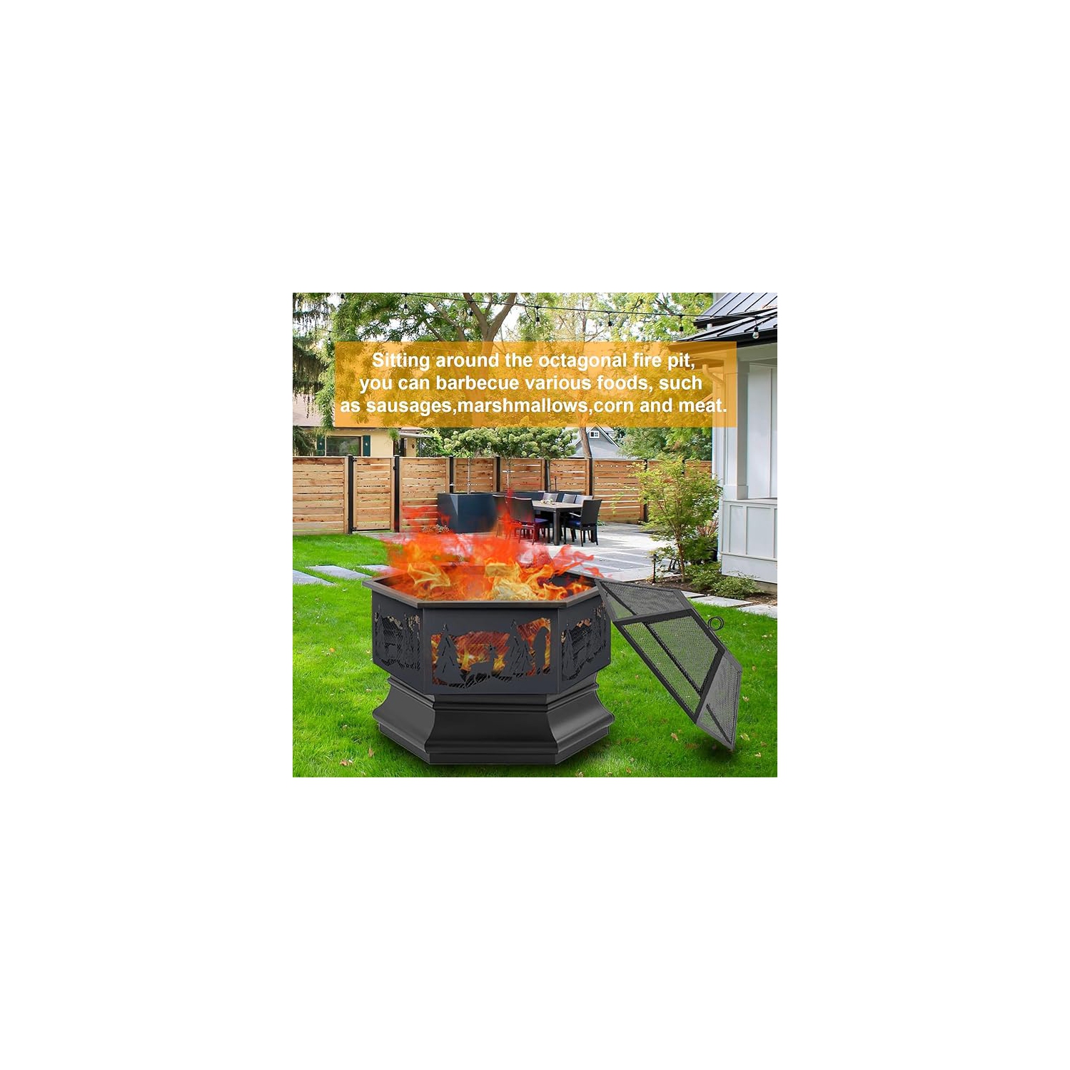 Foyer extérieur hexagonal de 24 po à bois avec poker et foyer de terrasse en filet Réchaud hexagonal avec pare-étincelles pour le camping