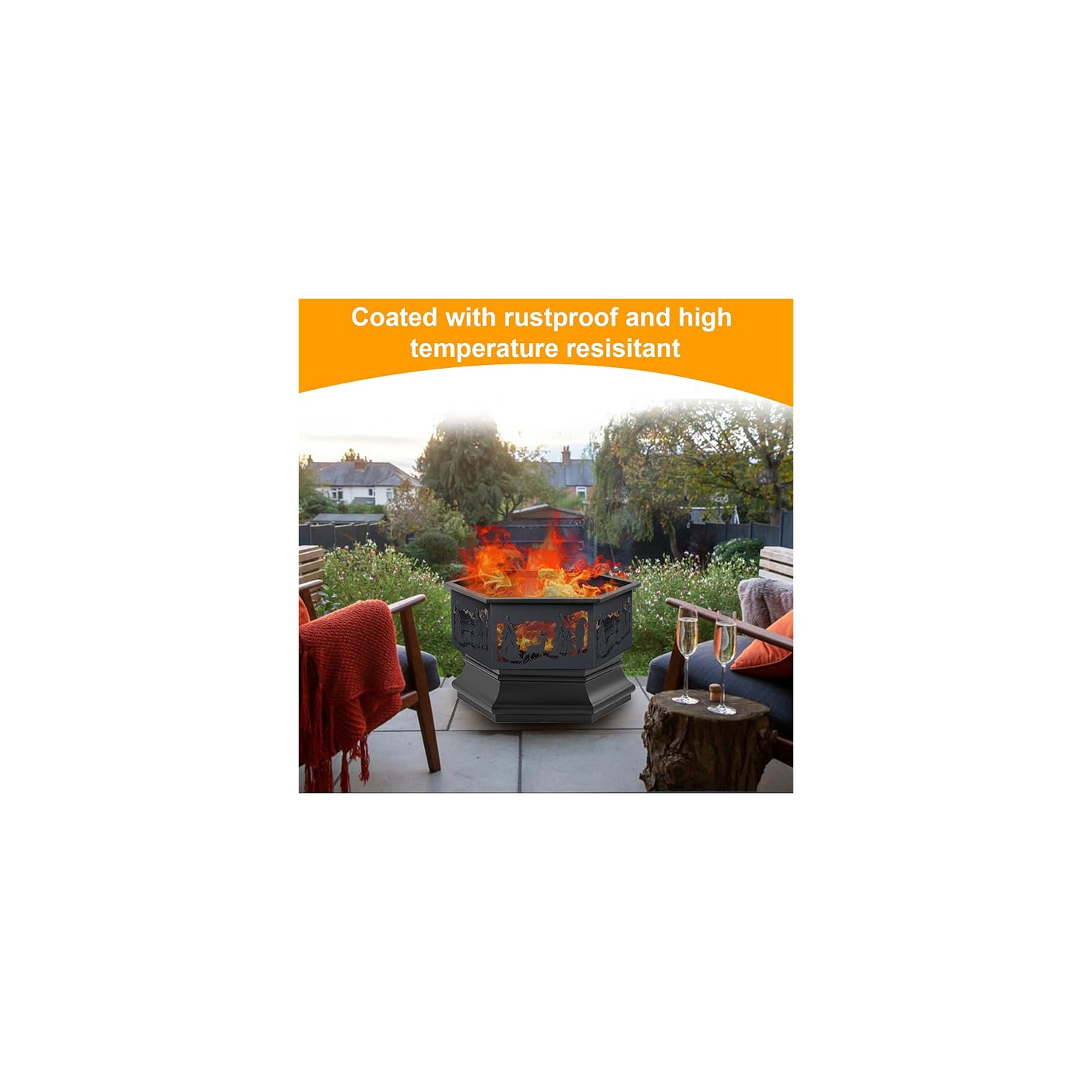 Foyer extérieur hexagonal de 24 po à bois avec poker et foyer de terrasse en filet Réchaud hexagonal avec pare-étincelles pour le camping