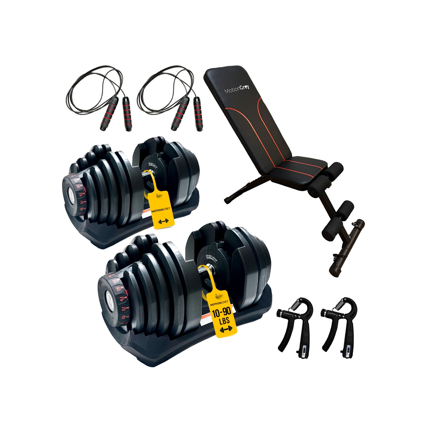 Haltères réglables MotionGrey de 10-90 lb avec prise haute résistance et banc d'entraînement, corde à sauter et ensemble de mains antidérapantes en