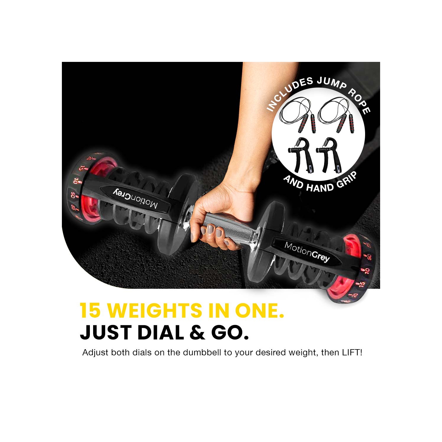 Haltères réglables MotionGrey de 10-90 lb avec prise haute résistance et banc d'entraînement, corde à sauter et ensemble de mains antidérapantes en