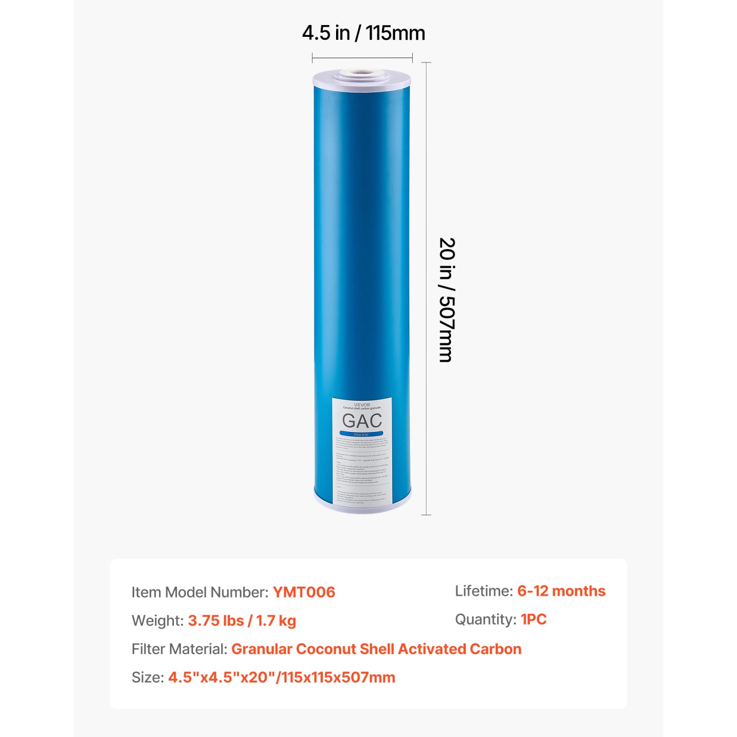 VEVOR 4.5" x 20" Whole House Water Filter Replacement Cartridge, GAC Activated Carbon, Replacement Filter for Whole Home Water Filtration System,