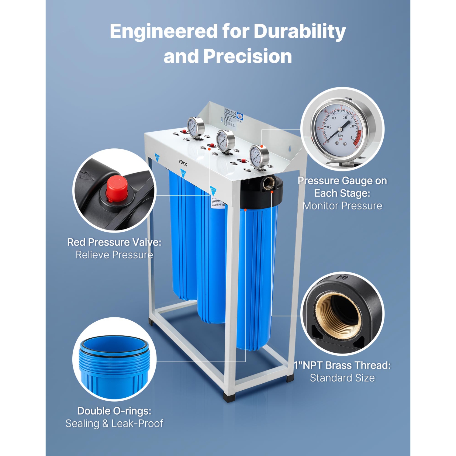 VEVOR 4.5" x 20" Whole House Water Filter System, 3-Stage Sediment, GAC, CTO, Home Water Purifier Filter Reduce Chlorine, Chemicals, VOCs, Bad Taste,