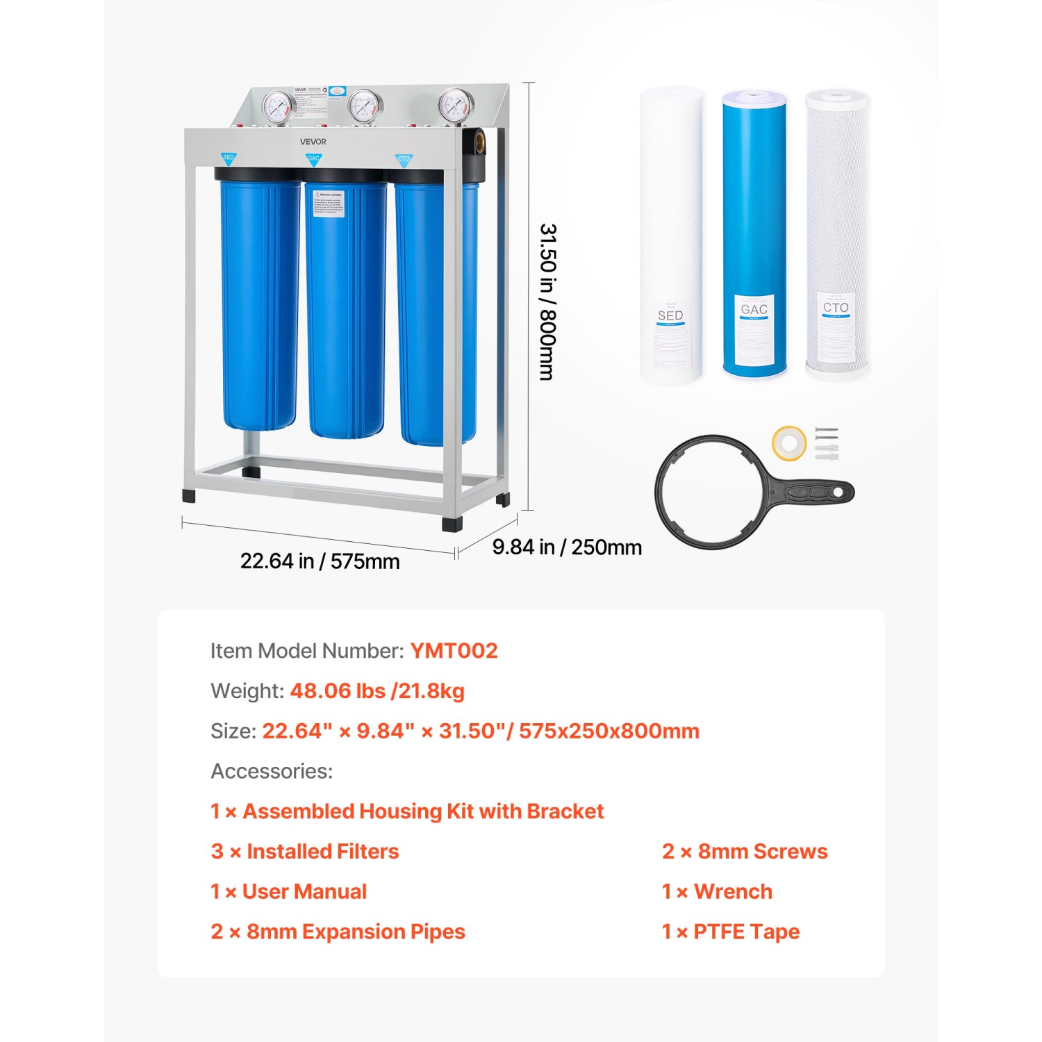 VEVOR 4.5" x 20" Whole House Water Filter System, 3-Stage Sediment, GAC, CTO, Home Water Purifier Filter Reduce Chlorine, Chemicals, VOCs, Bad Taste,