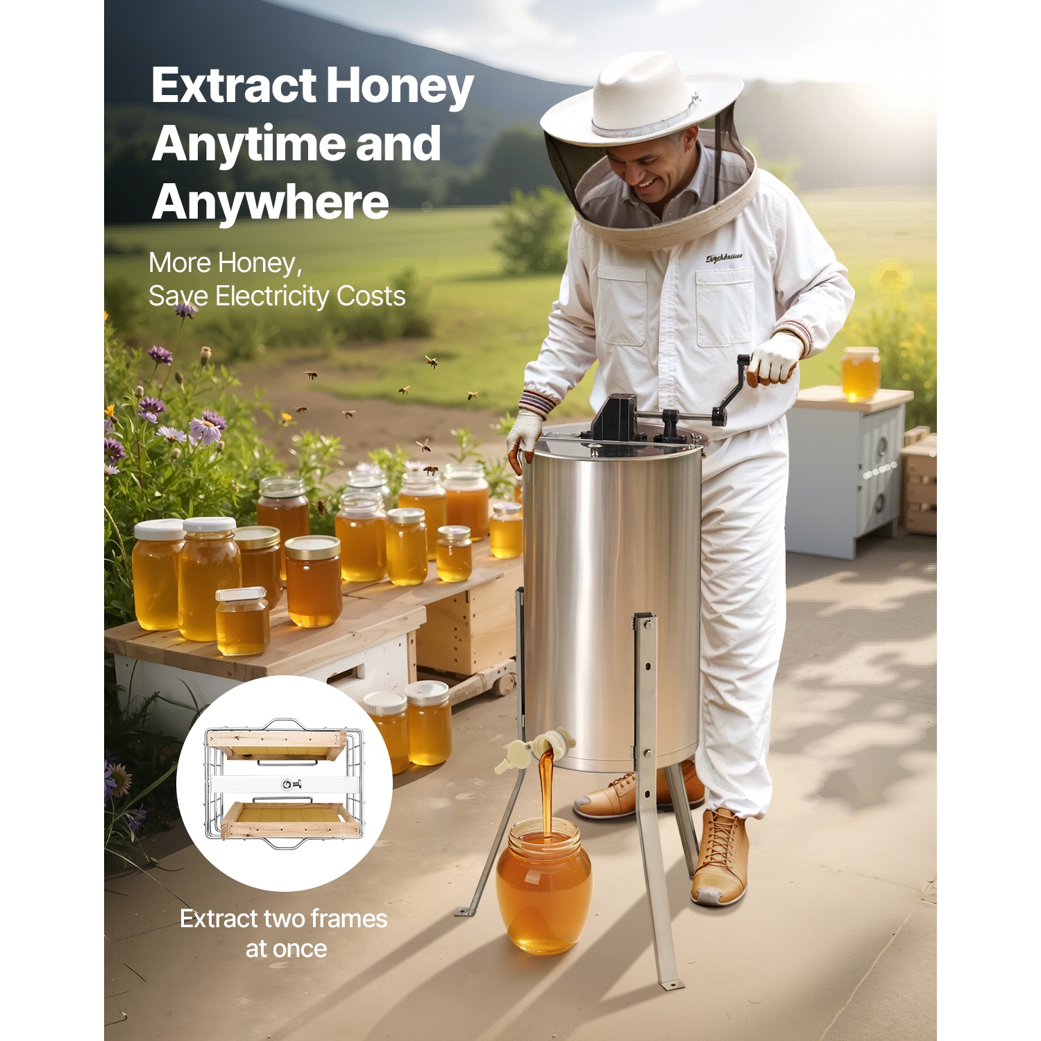 VEVOR 2 Frame Honey Extractor, Manual Honey Spinner with Transparent Lid, Stainless Steel Honeycomb Drum Spinner Adjustable Stand, Honeycomb