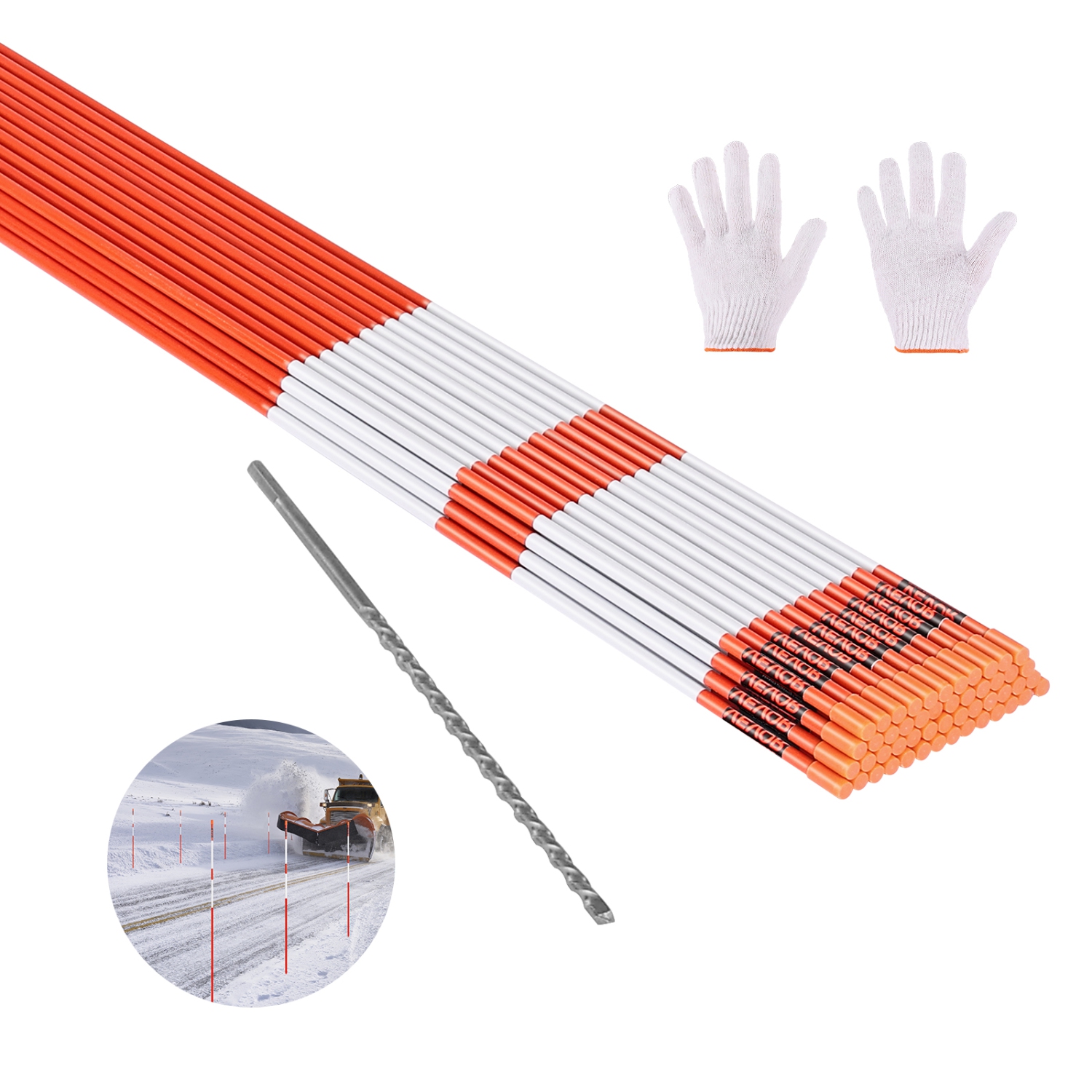 VEVOR 100Pcs Driveway Markers,72 in Long 5/16 in Dia,Hi-Visibility Driveway Reflectors with 12 in Steel Drill Bits,Reflective Snow Sticks Fiberglass