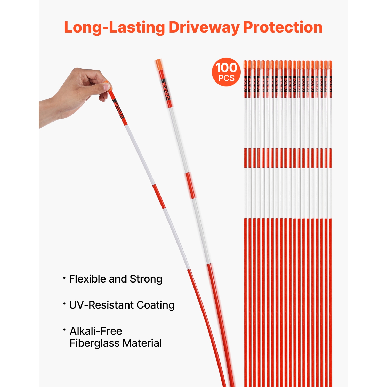 VEVOR 100Pcs Driveway Markers,72 in Long 5/16 in Dia,Hi-Visibility Driveway Reflectors with 12 in Steel Drill Bits,Reflective Snow Sticks Fiberglass