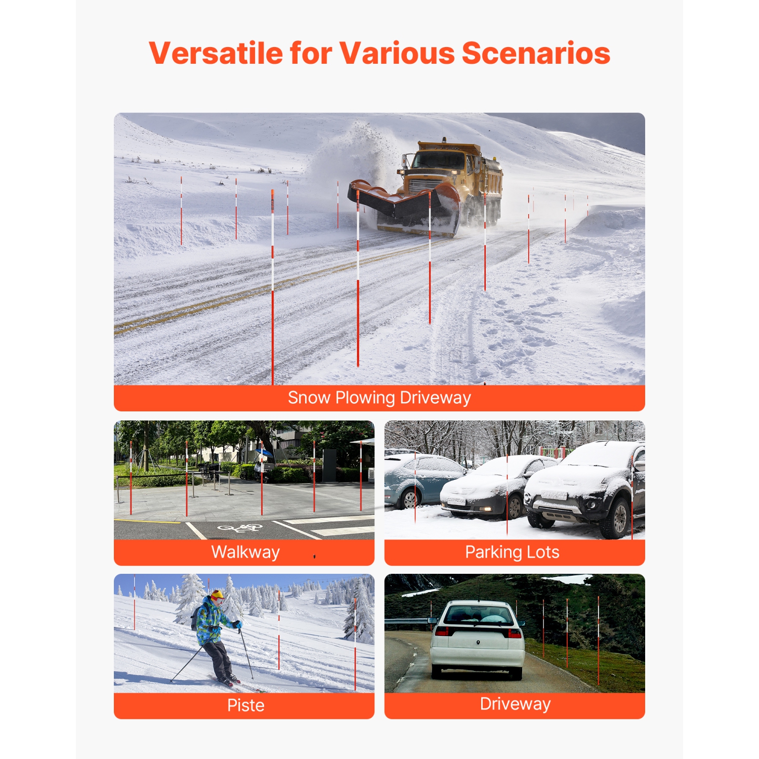 VEVOR 100Pcs Driveway Markers,72 in Long 5/16 in Dia,Hi-Visibility Driveway Reflectors with 12 in Steel Drill Bits,Reflective Snow Sticks Fiberglass