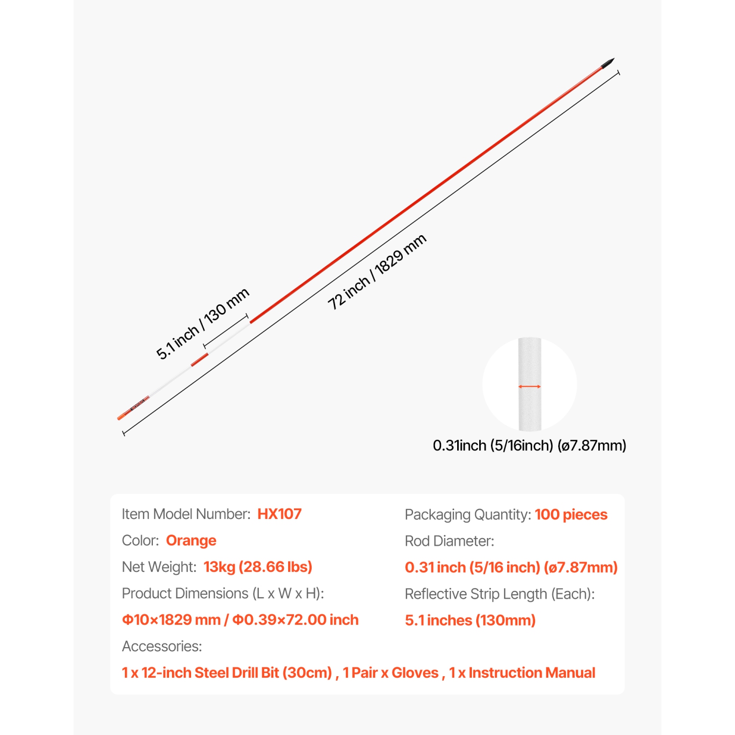VEVOR 100Pcs Driveway Markers,72 in Long 5/16 in Dia,Hi-Visibility Driveway Reflectors with 12 in Steel Drill Bits,Reflective Snow Sticks Fiberglass