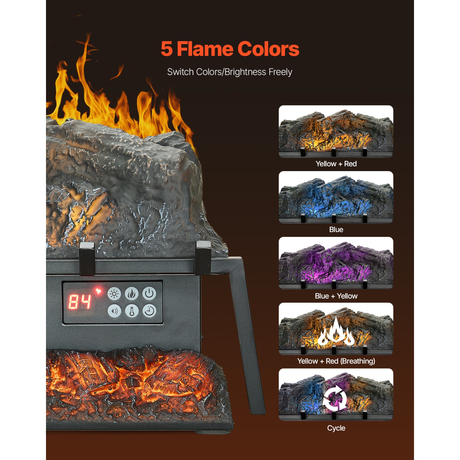 Bûche de foyer électrique VEVOR 23 po, réchauffeur de bûches avec foyer, son craquelé, télécommande, 5 réglages de luminosité de flamme,