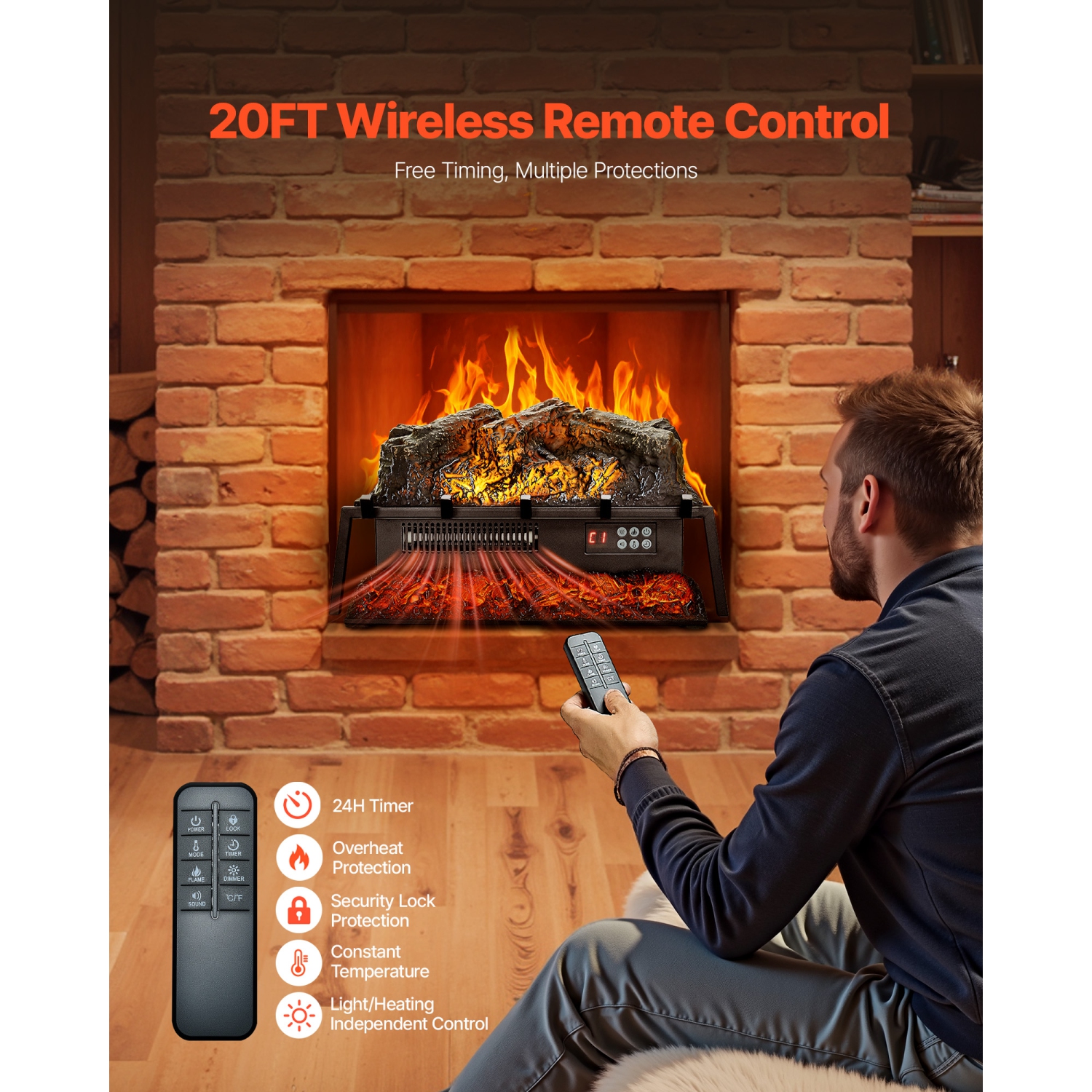 Bûche de foyer électrique VEVOR 23 po, réchauffeur de bûches avec foyer, son craquelé, télécommande, 5 réglages de luminosité de flamme,