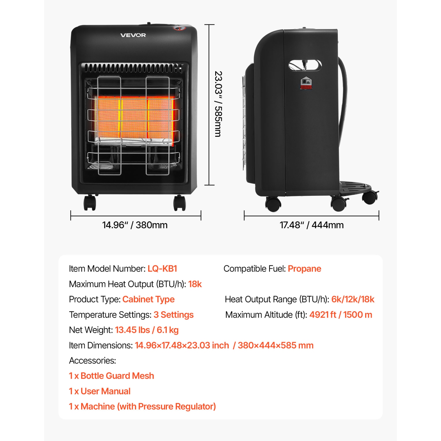 VEVOR 6000 to 18000 BTU Propane Heater, Propane Cabinet Heater with 3 Modes Temp Settings & Tip-over Protection, Garage Radiator Heat up to 450