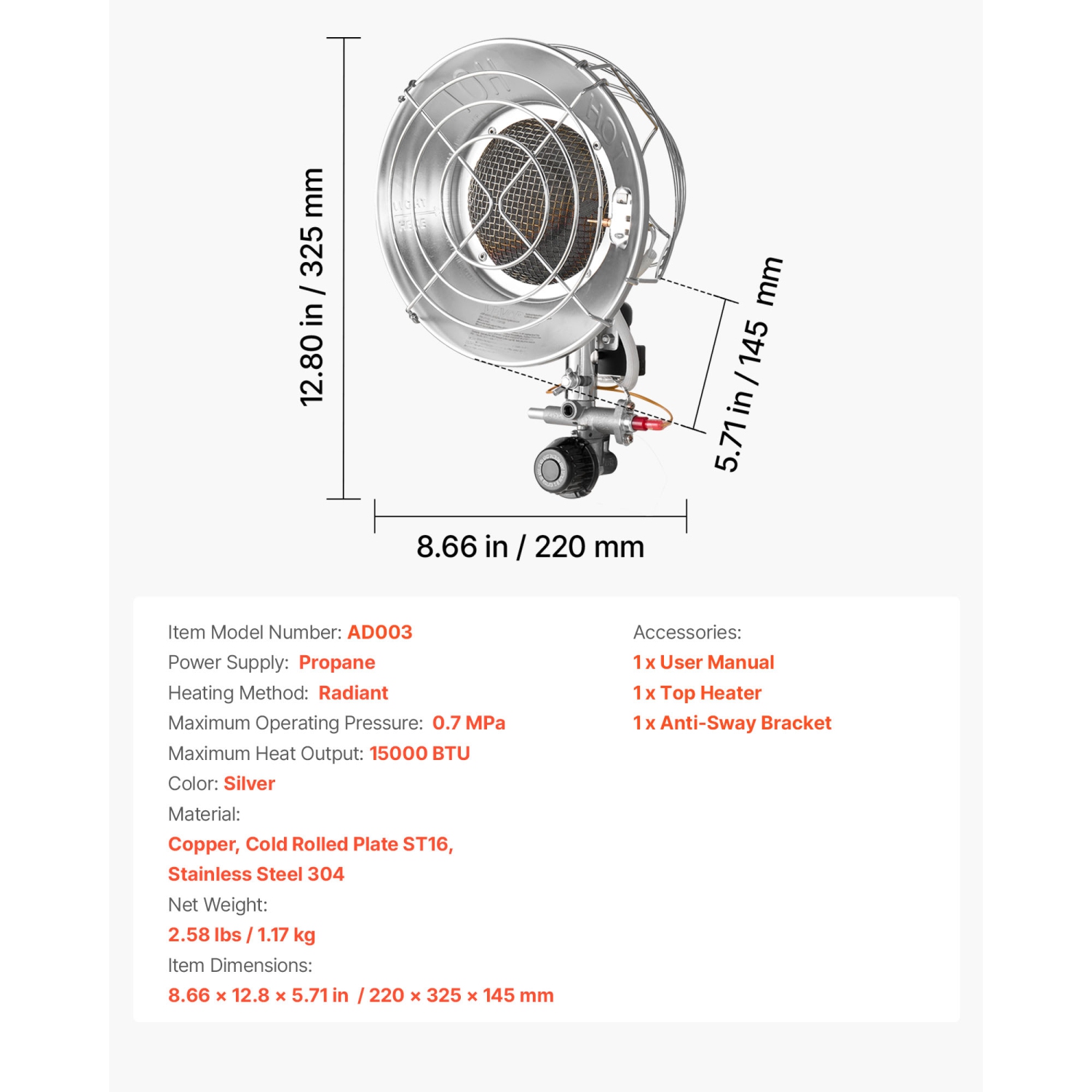 VEVOR 15000 BTU Propane Tank Top Heater,Rapid Heating 180-Degree Infrared Radiant Tank Top Gas Heater, Stepless Temperature Adjustment for Ice