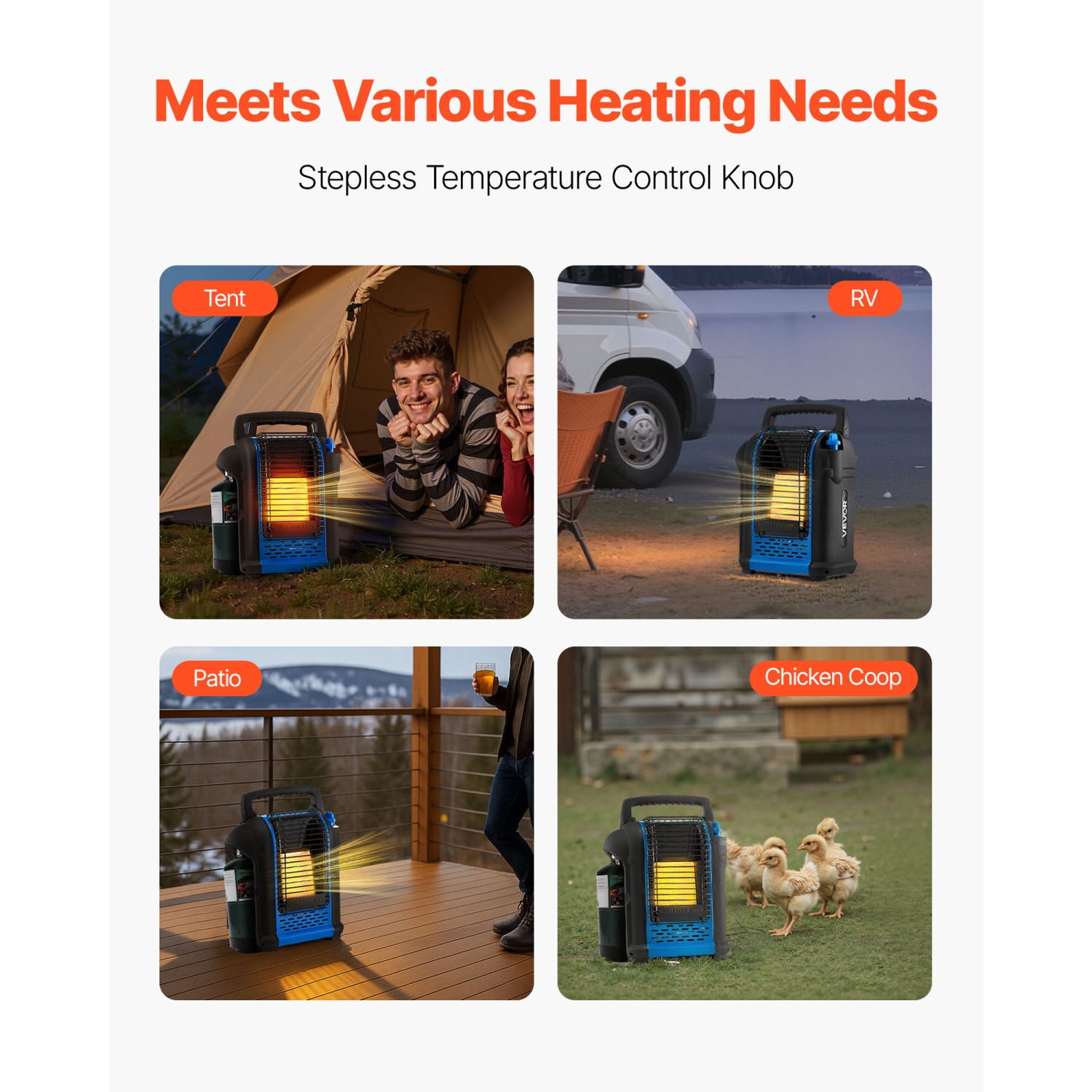 VEVOR 9000BTU Portable Propane Heater, Forced Radiant Space Heater with Stepless Temp Settings & Tip-over Protection, Portable Garage/Shop for