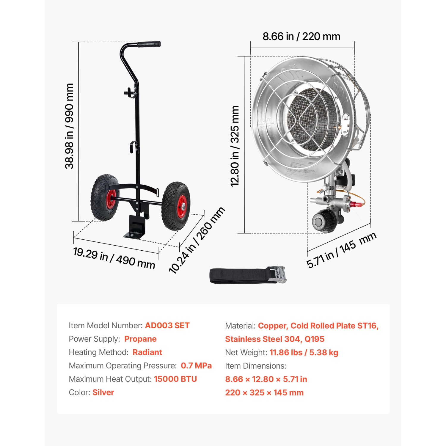 VEVOR 15000 BTU Propane Tank Top Heater with Portable Trolley, Rapid Heating 180-Degree Infrared Radiant Tank Top Gas Heater for 20-40lb Propane