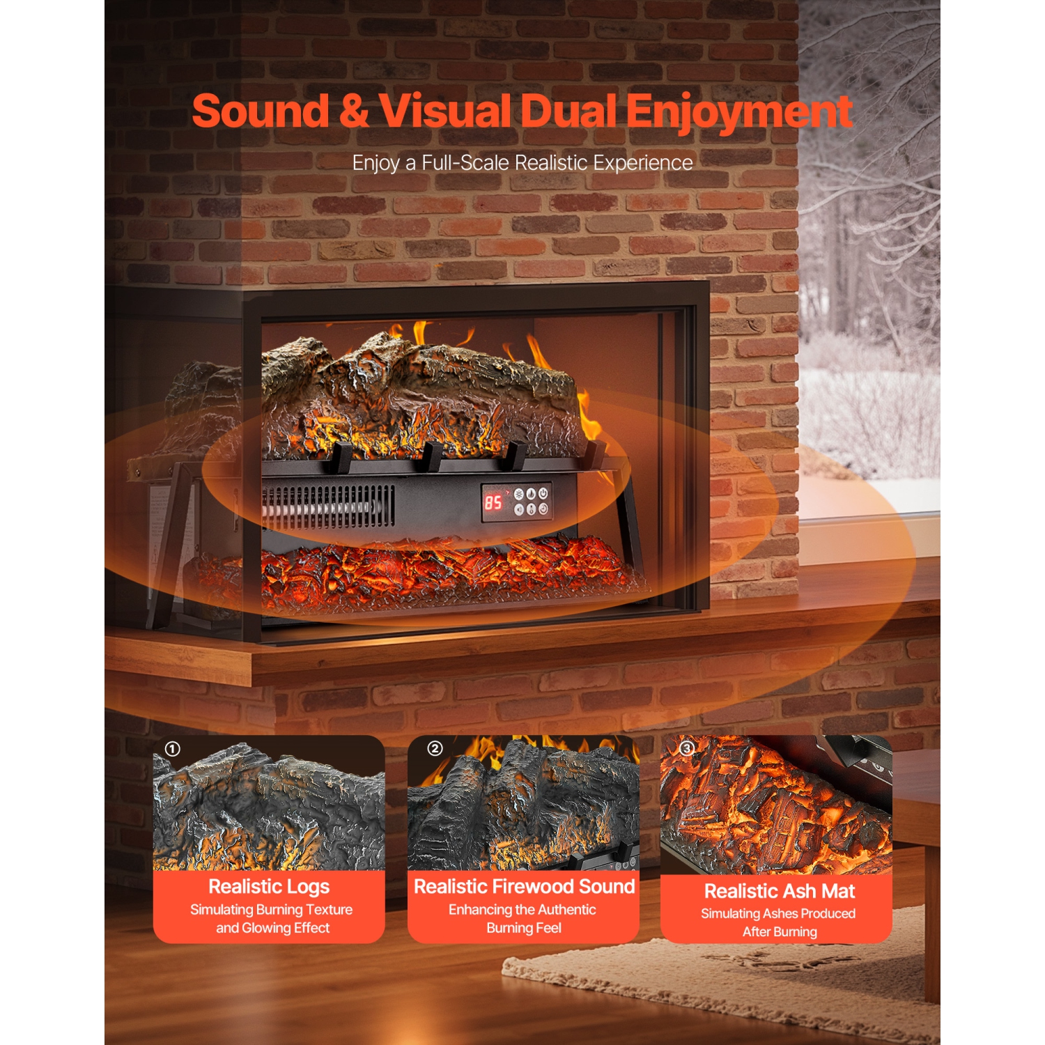 Bûche de foyer électrique VEVOR 25 po, réchauffeur de bûches avec foyer, son craquelé, télécommande, 5 réglages de luminosité de flamme,