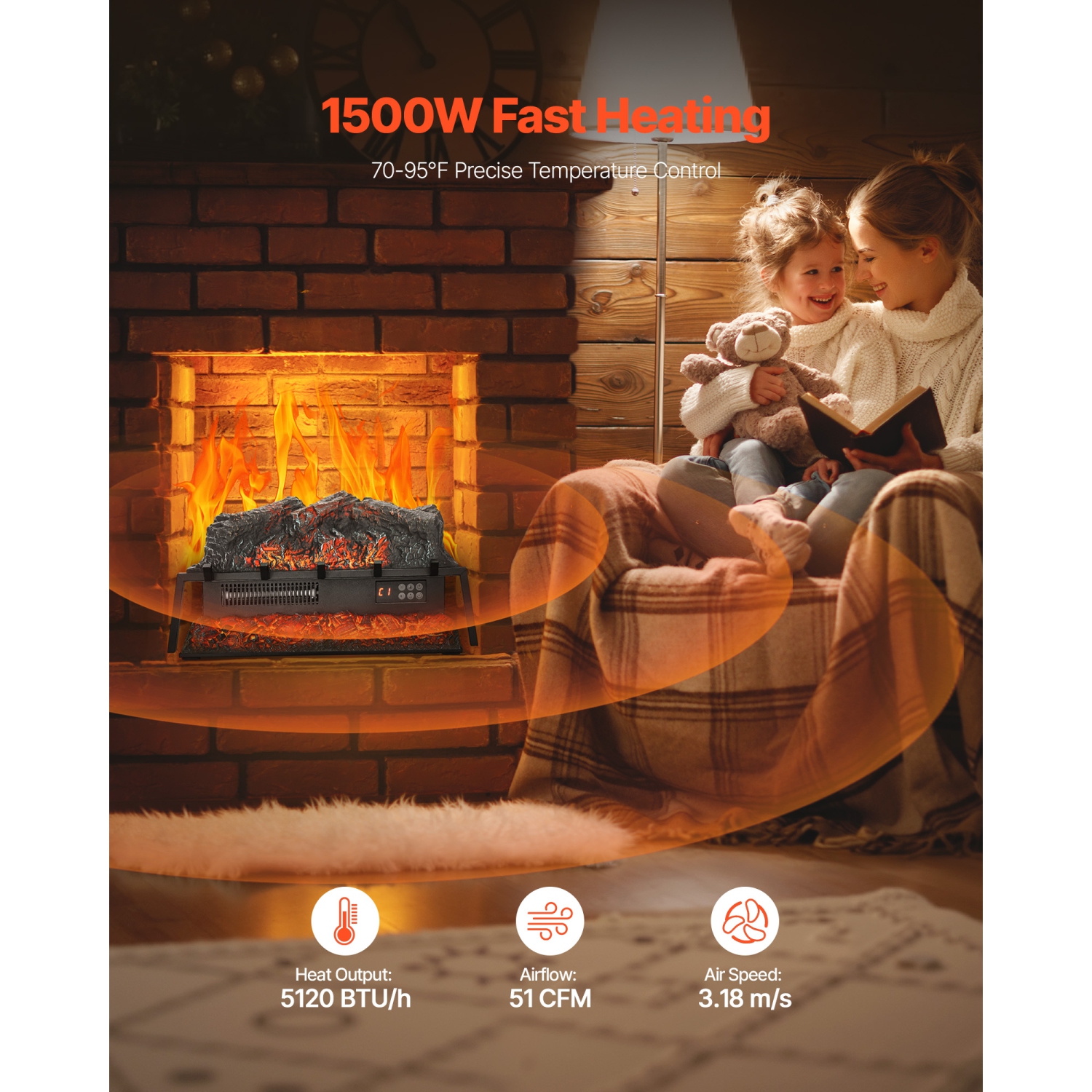 Bûche de foyer électrique VEVOR 25 po, réchauffeur de bûches avec foyer, son craquelé, télécommande, 5 réglages de luminosité de flamme,