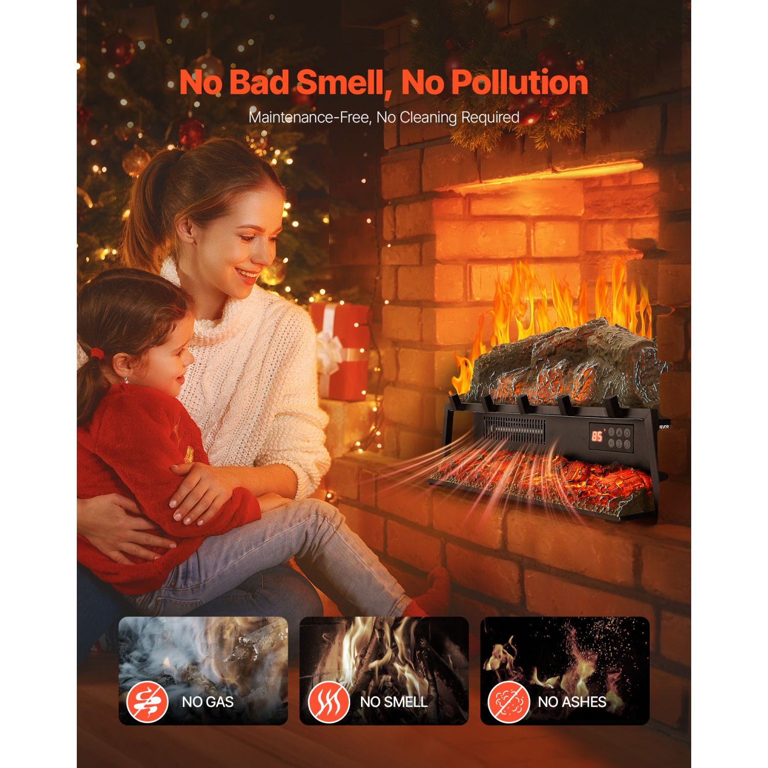 Bûche de foyer électrique VEVOR 25 po, réchauffeur de bûches avec foyer, son craquelé, télécommande, 5 réglages de luminosité de flamme,