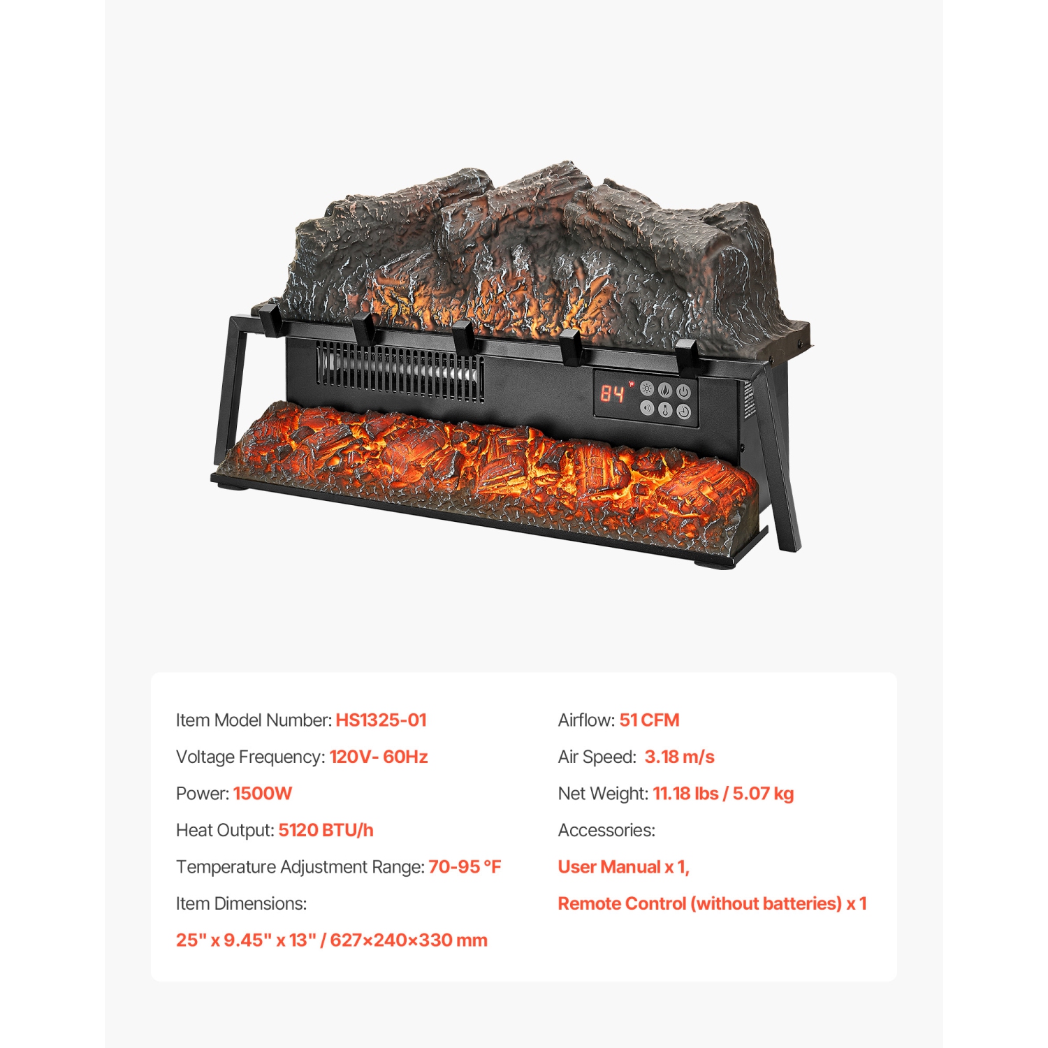 Bûche de foyer électrique VEVOR 25 po, réchauffeur de bûches avec foyer, son craquelé, télécommande, 5 réglages de luminosité de flamme,