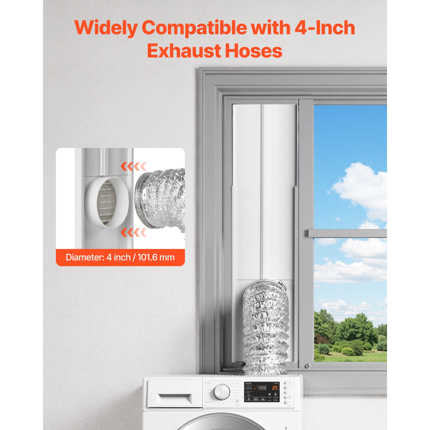 VEVOR Dryer Vent Window Kit, Fits 4-Inch Exhaust Hoses, Adjustable Length for Adapts Sliding Windows of Different Heights, Sturdy PVC and PP