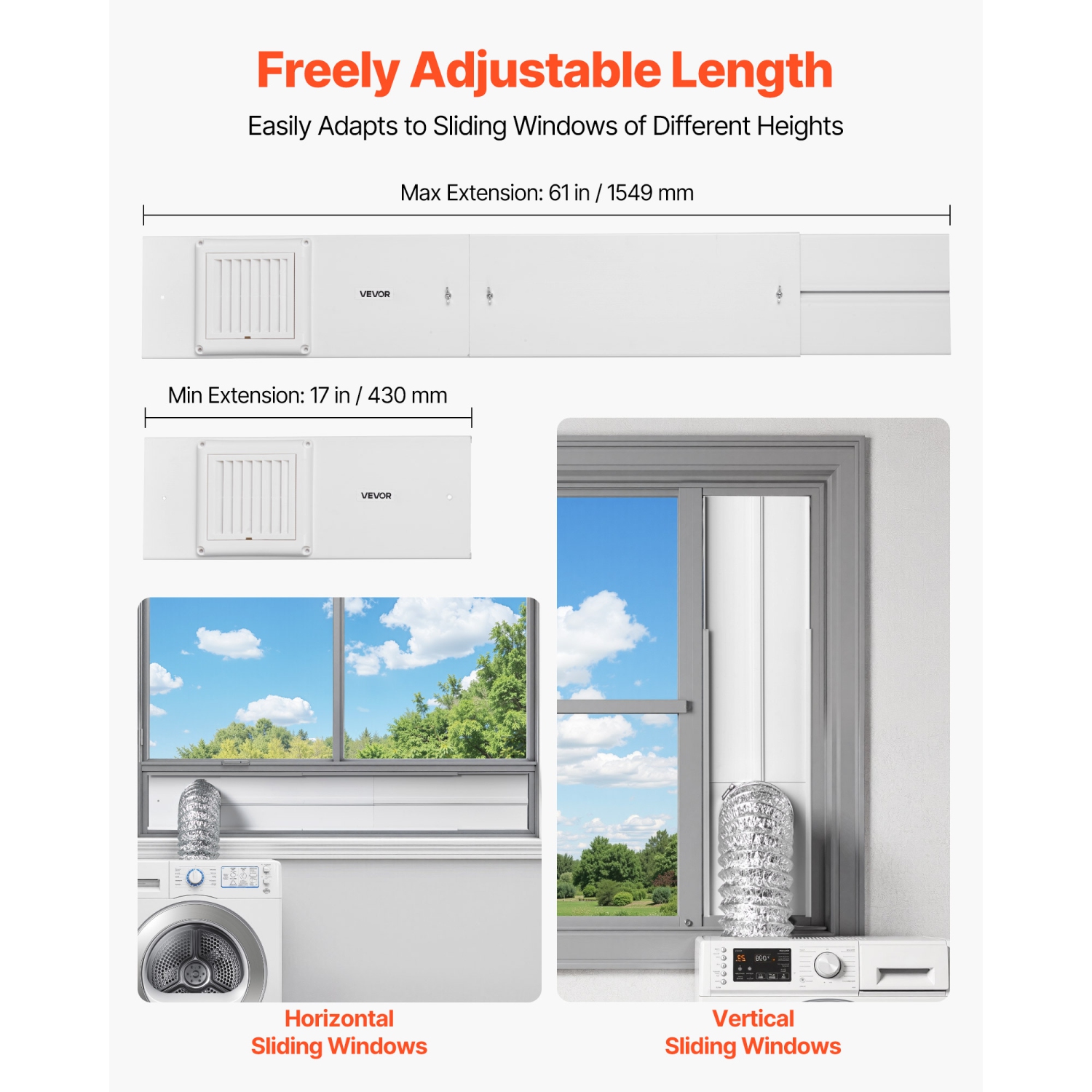 VEVOR Dryer Vent Window Kit, Fits 4-Inch Exhaust Hoses, Adjustable Length for Adapts Sliding Windows of Different Heights, Sturdy PVC and PP