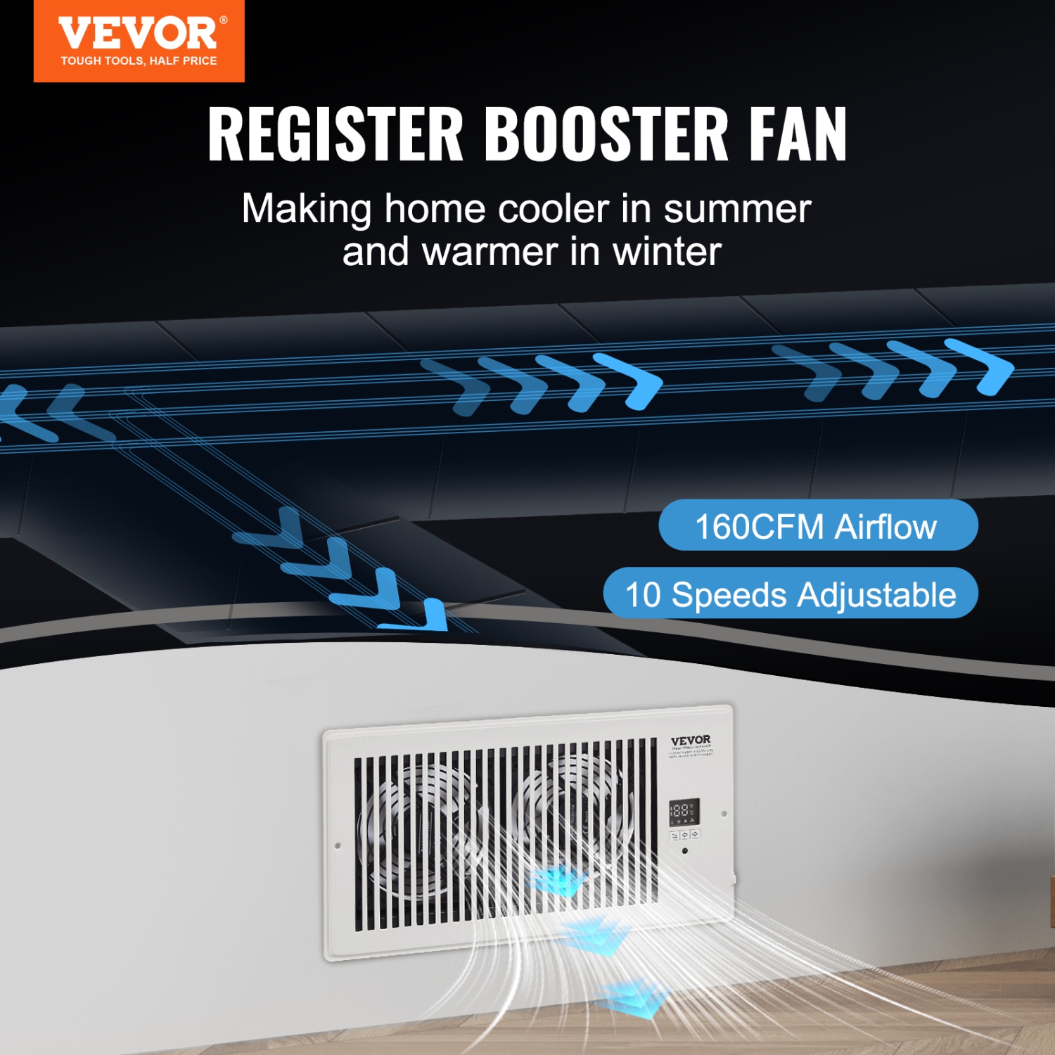 VEVOR Register Booster Fan, Quiet Vent Booster Fan Fits 6 x 12 inch Holes, with Remote Control and Thermostat Control, Adjustable Speed for Heating