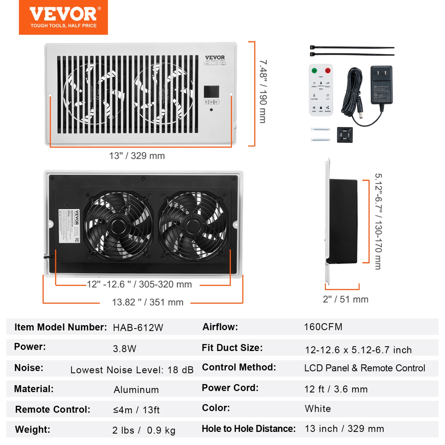 VEVOR Register Booster Fan, Quiet Vent Booster Fan Fits 6 x 12 inch Holes, with Remote Control and Thermostat Control, Adjustable Speed for Heating