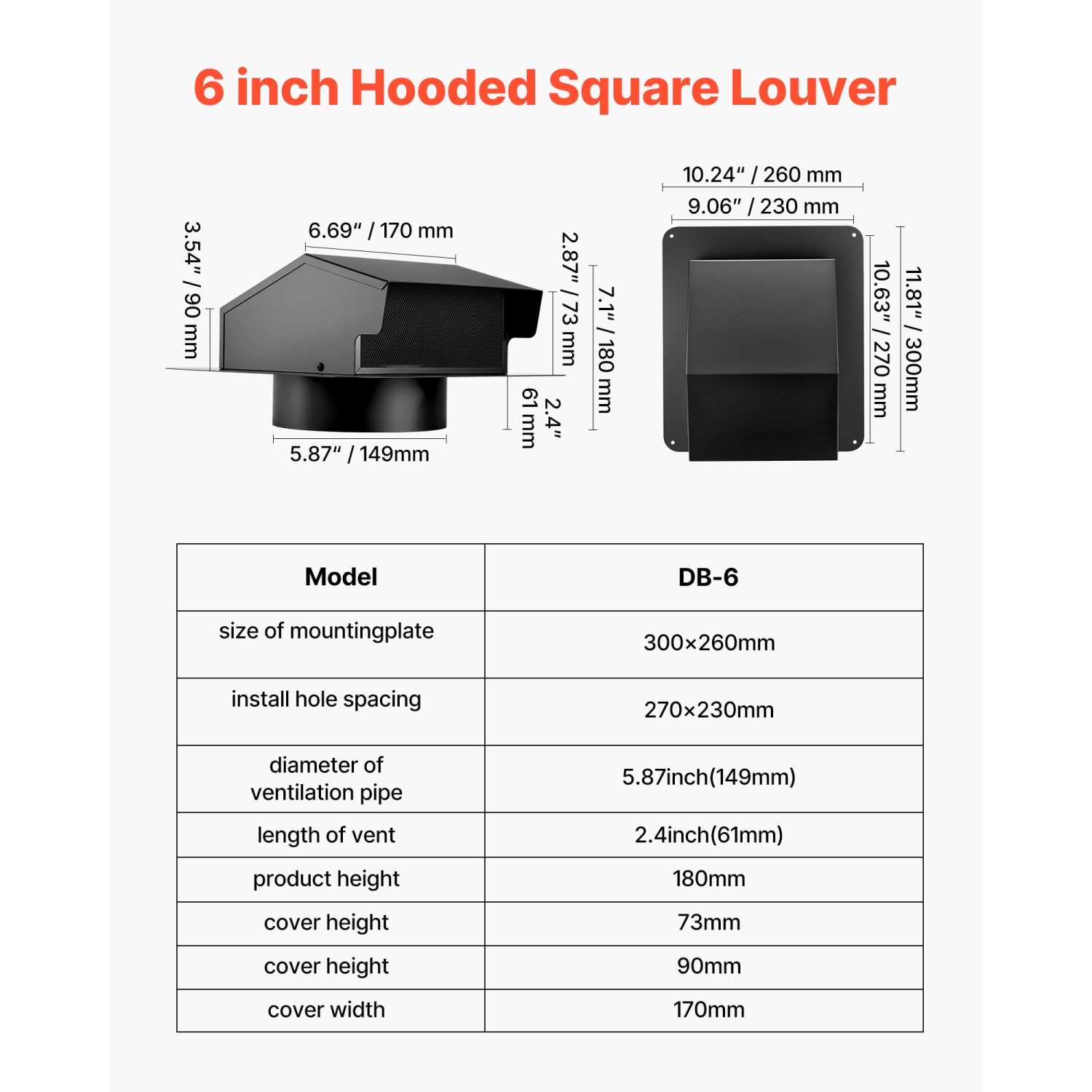 VEVOR 6 inch Hooded Wall Vent Cover, Square AC Vent Gable Cover, Premium SPCC Steel & with Built-in a Protection Screen, for Roofs,Walls,Outside Duct