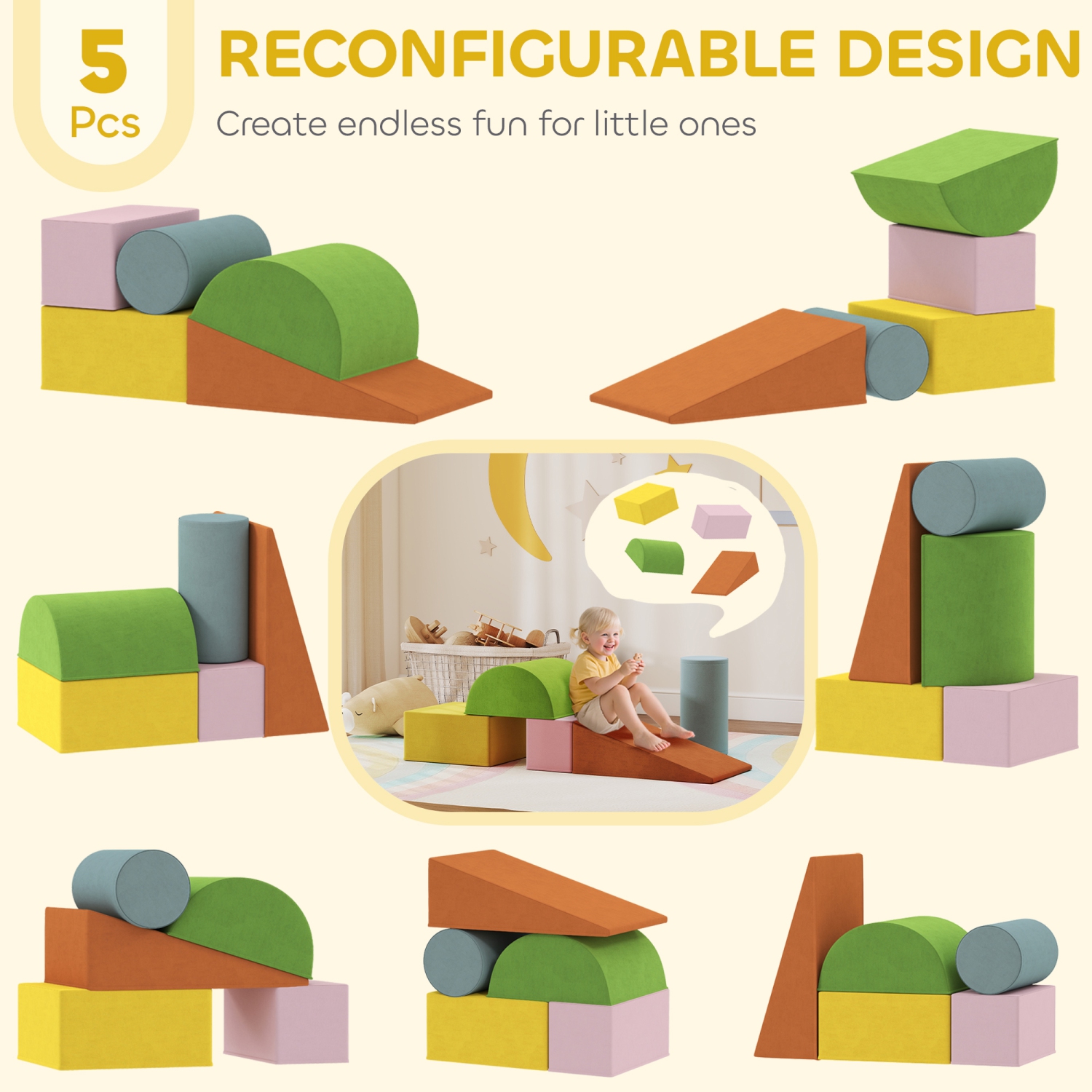 Qaba – Jouets d'escalade pour tout-petits, ensemble de 5 blocs d'escalade en mousse souple avec couvercle amovible, ensemble d'activités intérieures