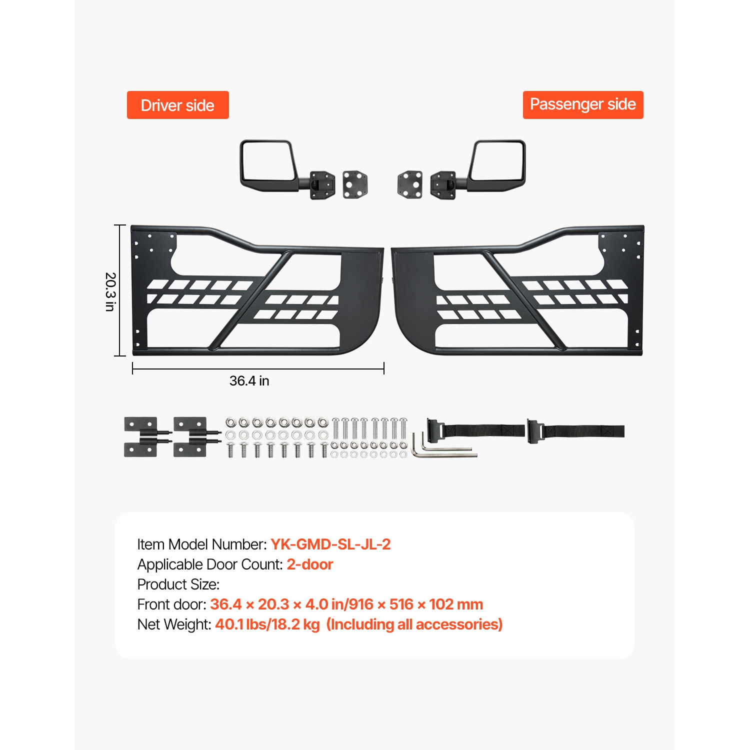 Portes à tube Jeep 2 portes VEVOR, porte de style chasse avec charnières robustes et loquet d'origine, portes avec rétroviseurs, convient aux