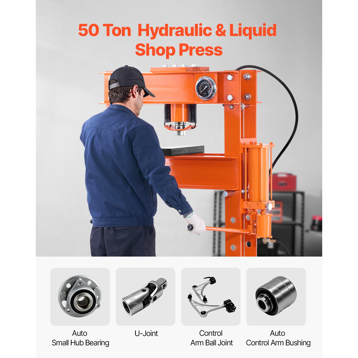 VEVOR 50T Hydraulic Shop Press, H-Frame Pneumatic Press with Plate & Triangular Support, Stable Garage Floor Adjustable Press with Relief Valve, for