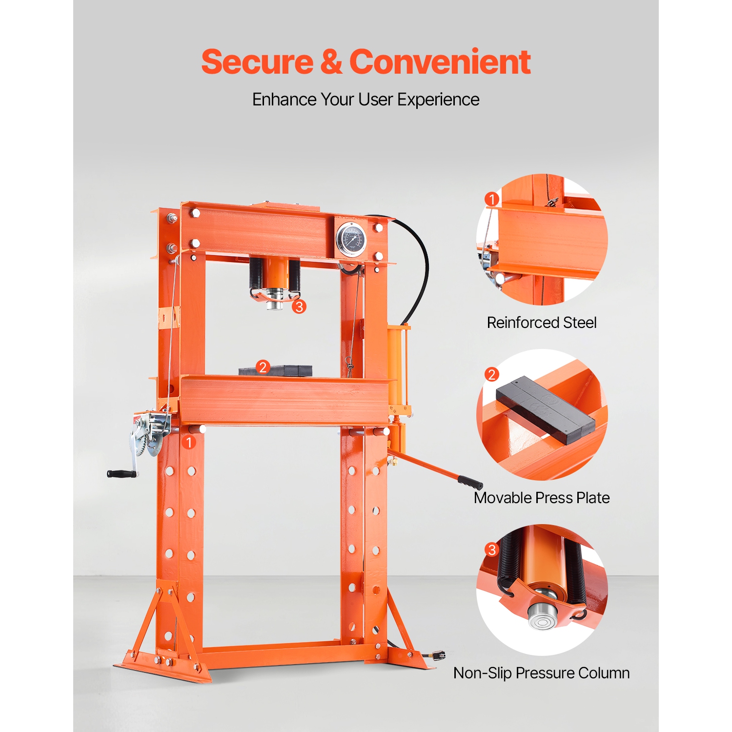 VEVOR 50T Hydraulic Shop Press, H-Frame Pneumatic Press with Plate & Triangular Support, Stable Garage Floor Adjustable Press with Relief Valve, for