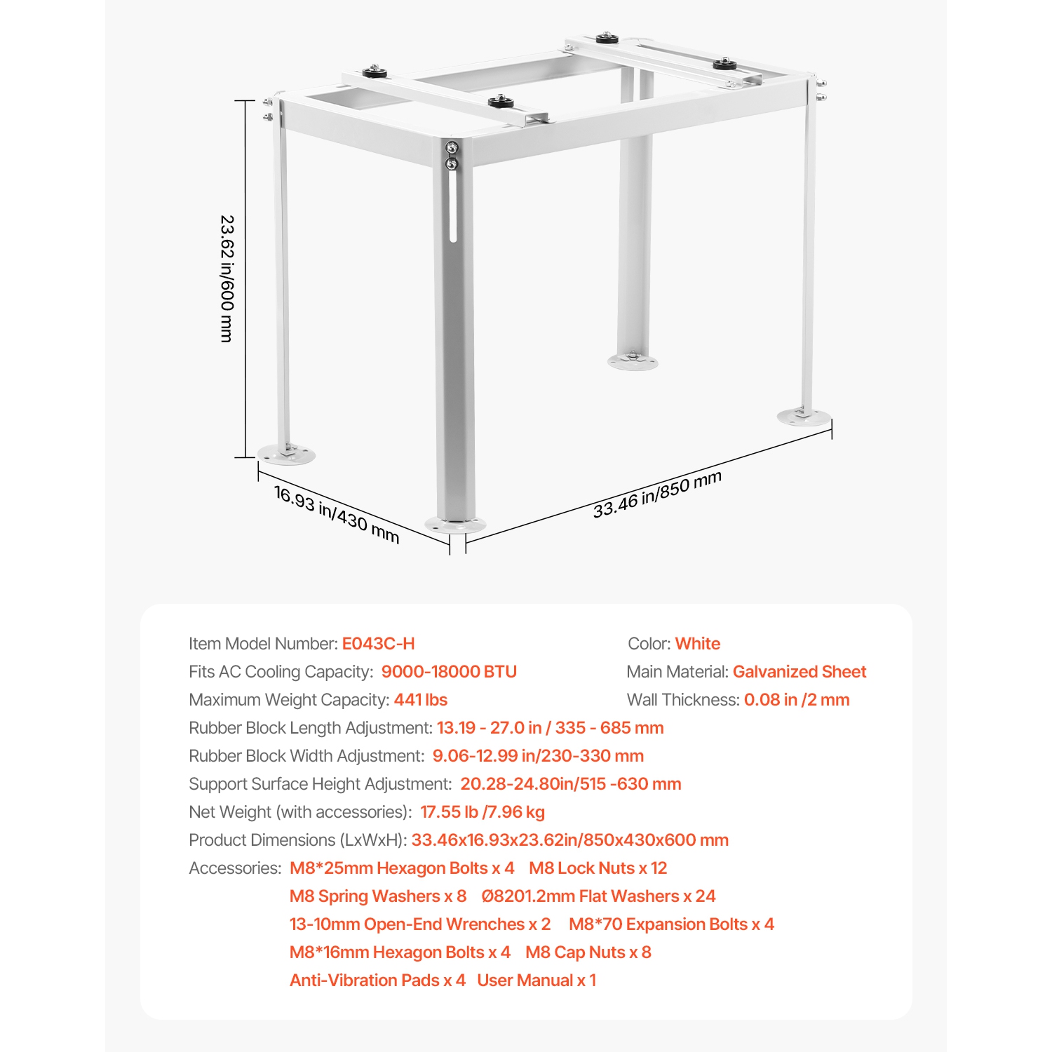 VEVOR Mini Split Ground Stand, Adjustable Anti-Vibration, fits 9000-18000 BTU Ductless Air Conditioner Heat Pump, Heavy Duty AC Base Bracket Floor