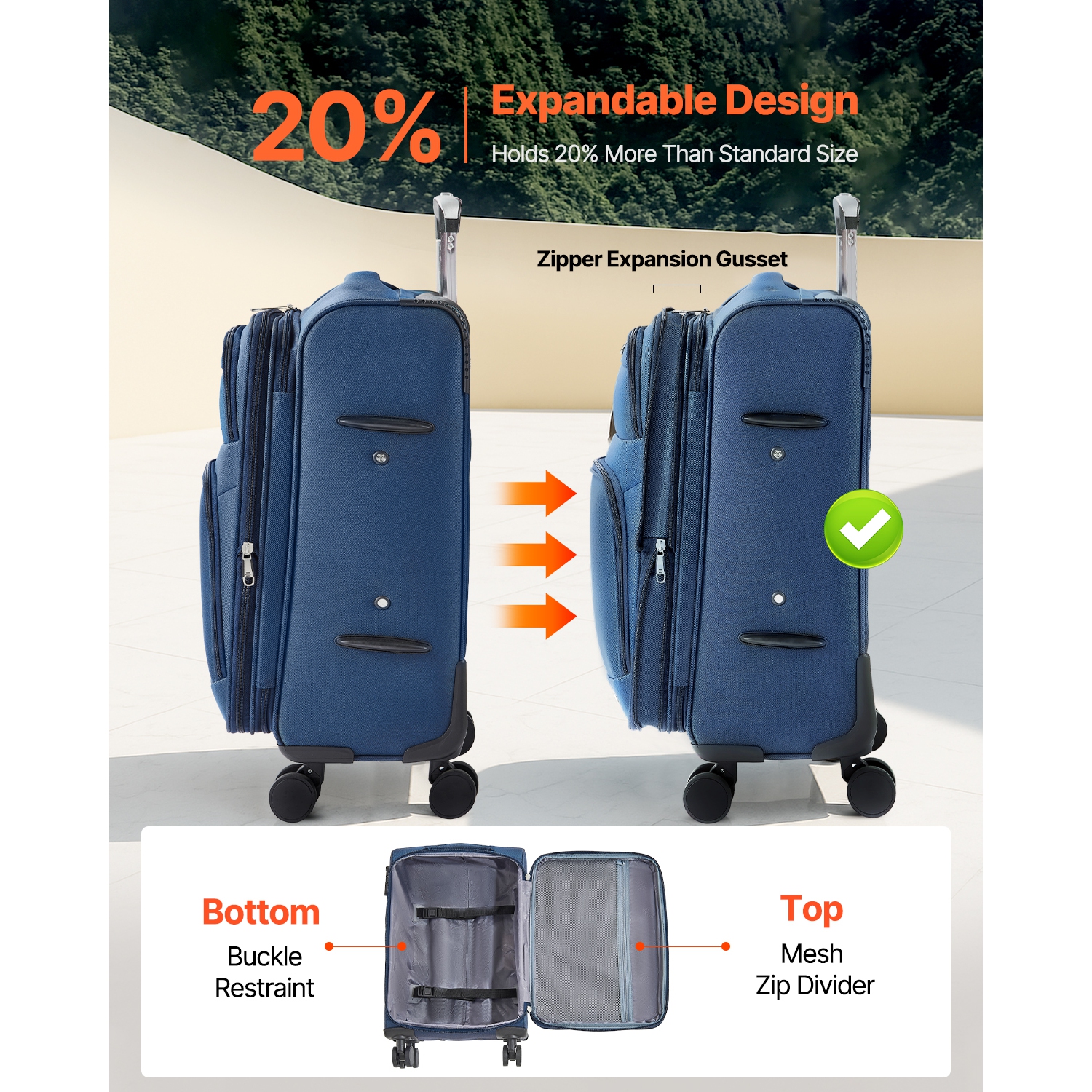 Valise souple extensible de 20&nbsp;po VEVOR avec roulettes pivotantes, bagage de cabine souple, valise enregistrée légère avec pochette extensible à