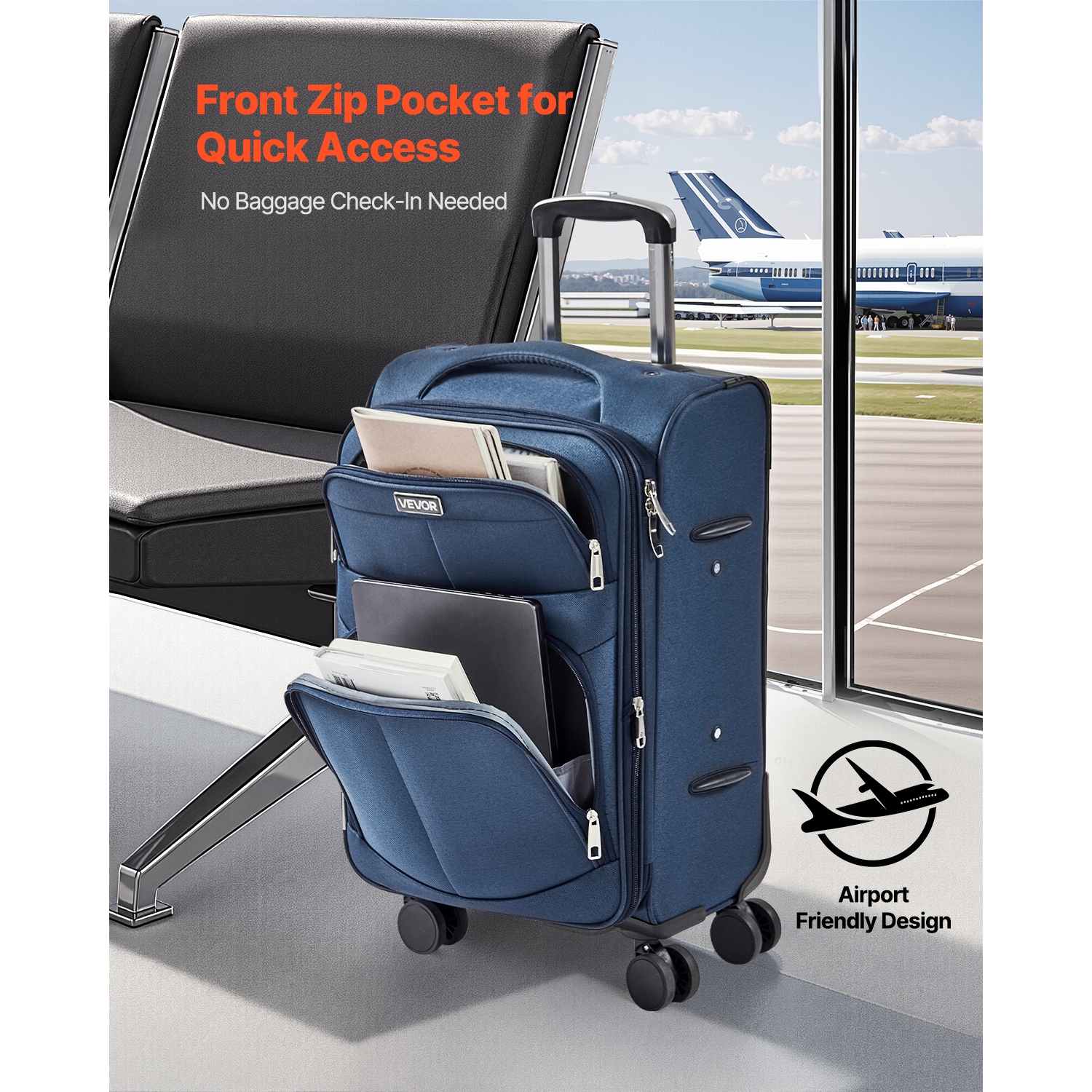 Valise souple extensible de 20&nbsp;po VEVOR avec roulettes pivotantes, bagage de cabine souple, valise enregistrée légère avec pochette extensible à